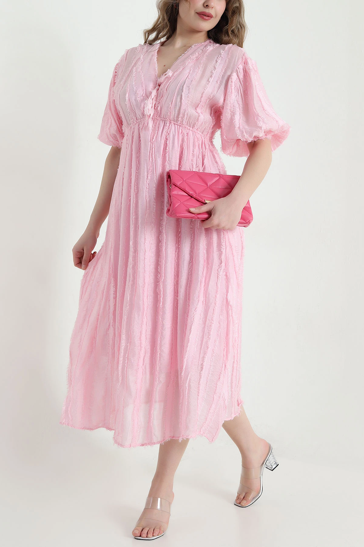 Pembe Sakallı V Yaka Tencel Kadın Elbise 451271
