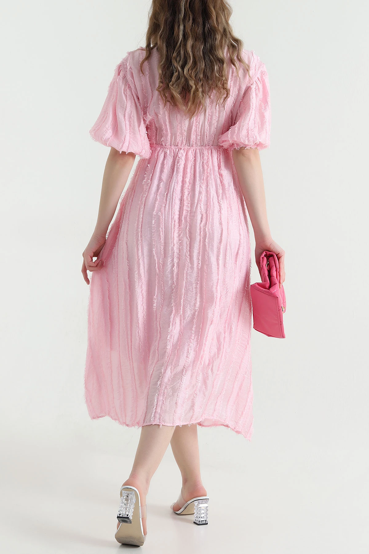 Pembe Sakallı V Yaka Tencel Kadın Elbise 451271