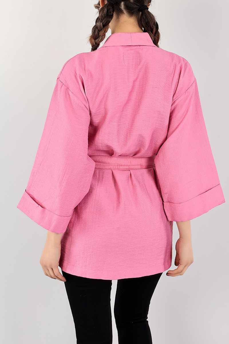 Pembe Şal Yaka Keten Kimono Ceket 104617