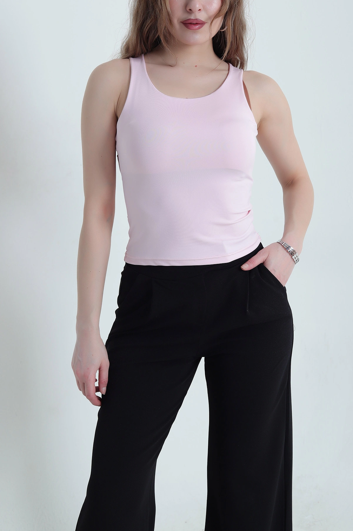 Pembe Sandy Likralı Kolsuz Bluz 438983