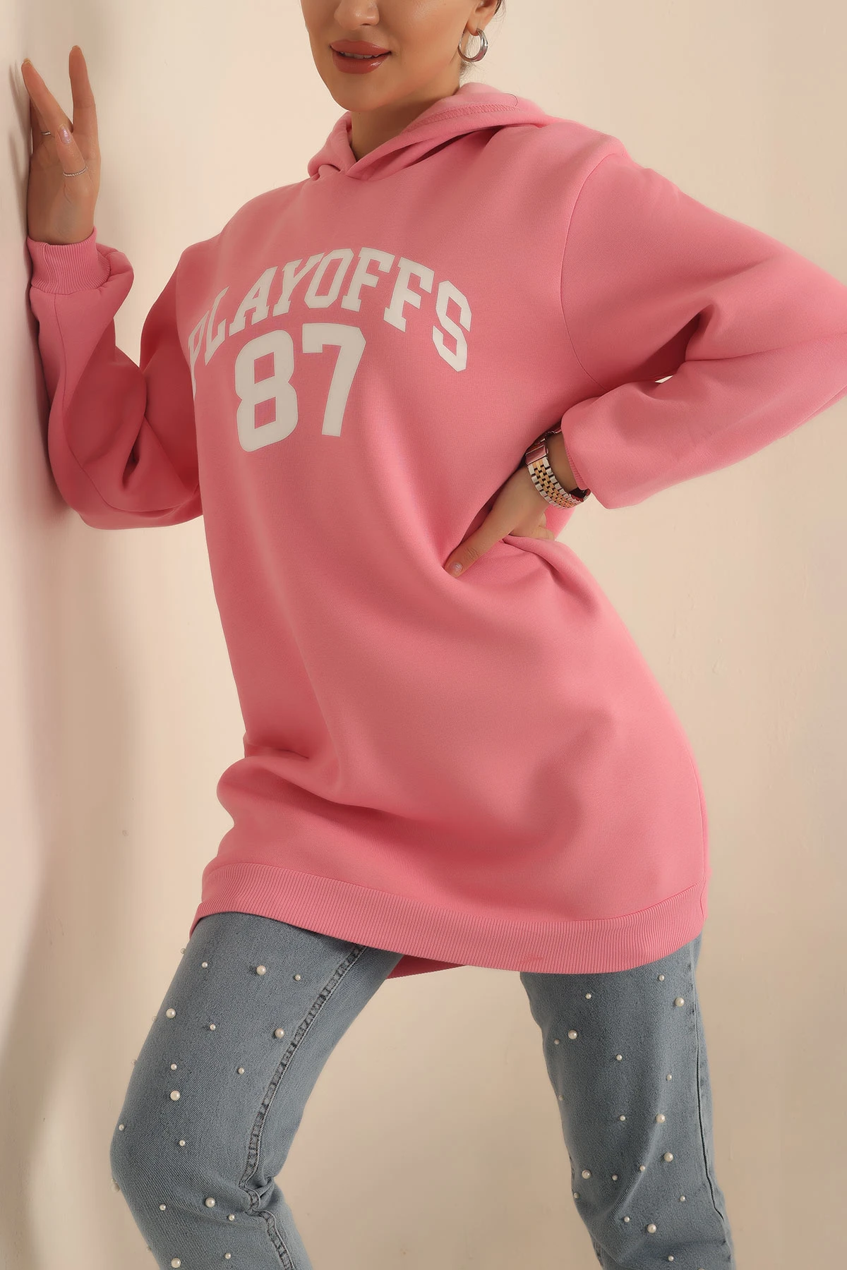 Pembe Şardonlu Baskılı Sweat Tunik 229920