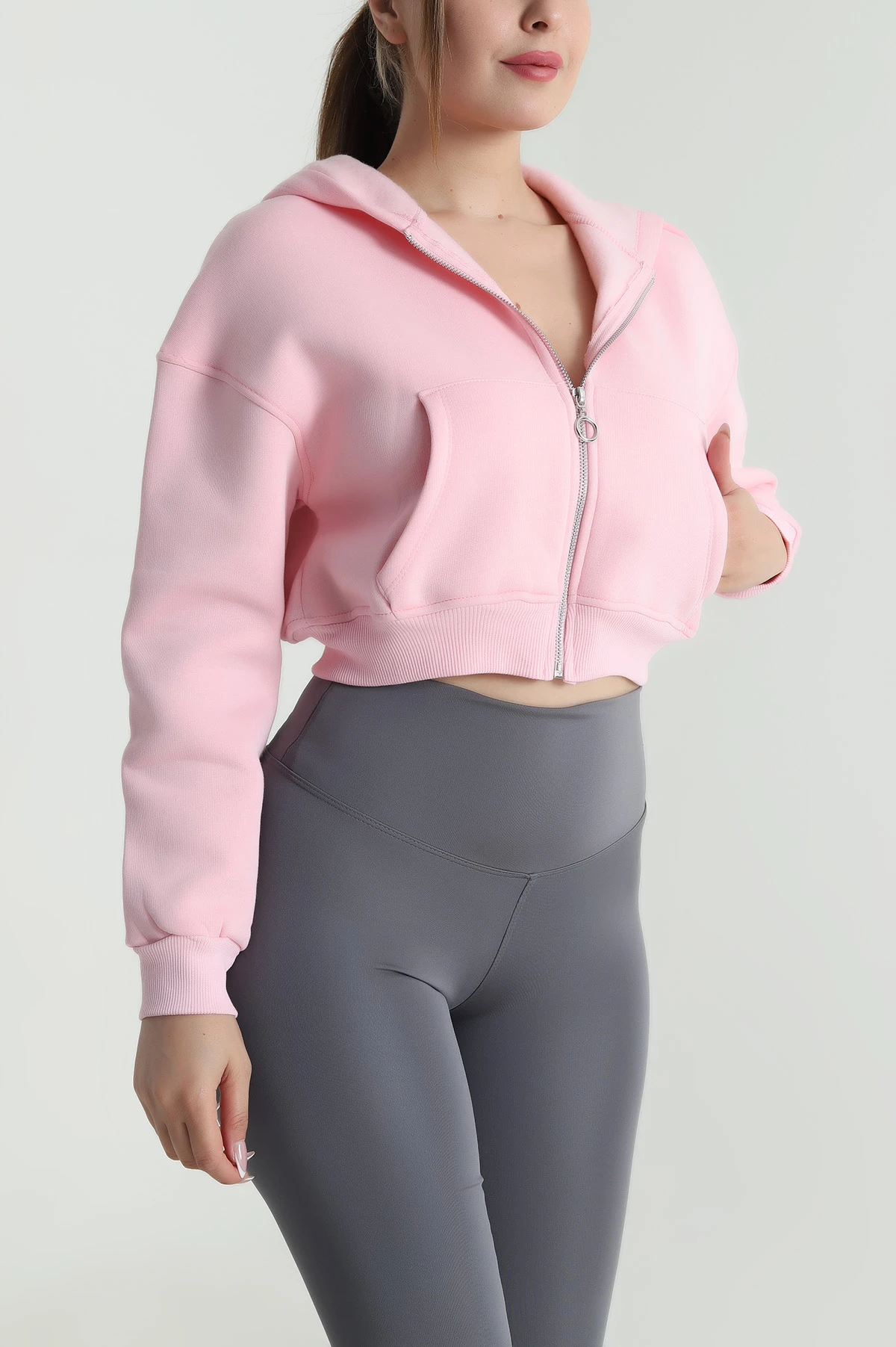 Pembe Şardonlu Fermuarlı Üç İp Kadın Sweat 485057