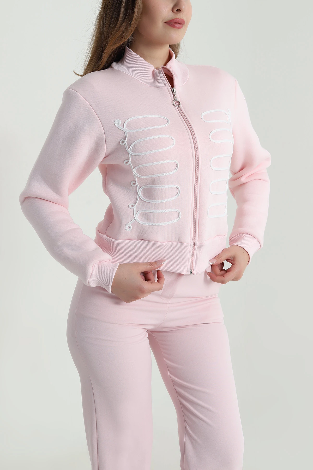 Pembe Şardonlu Fermuarlı Üç İp Kadın Sweat 487729