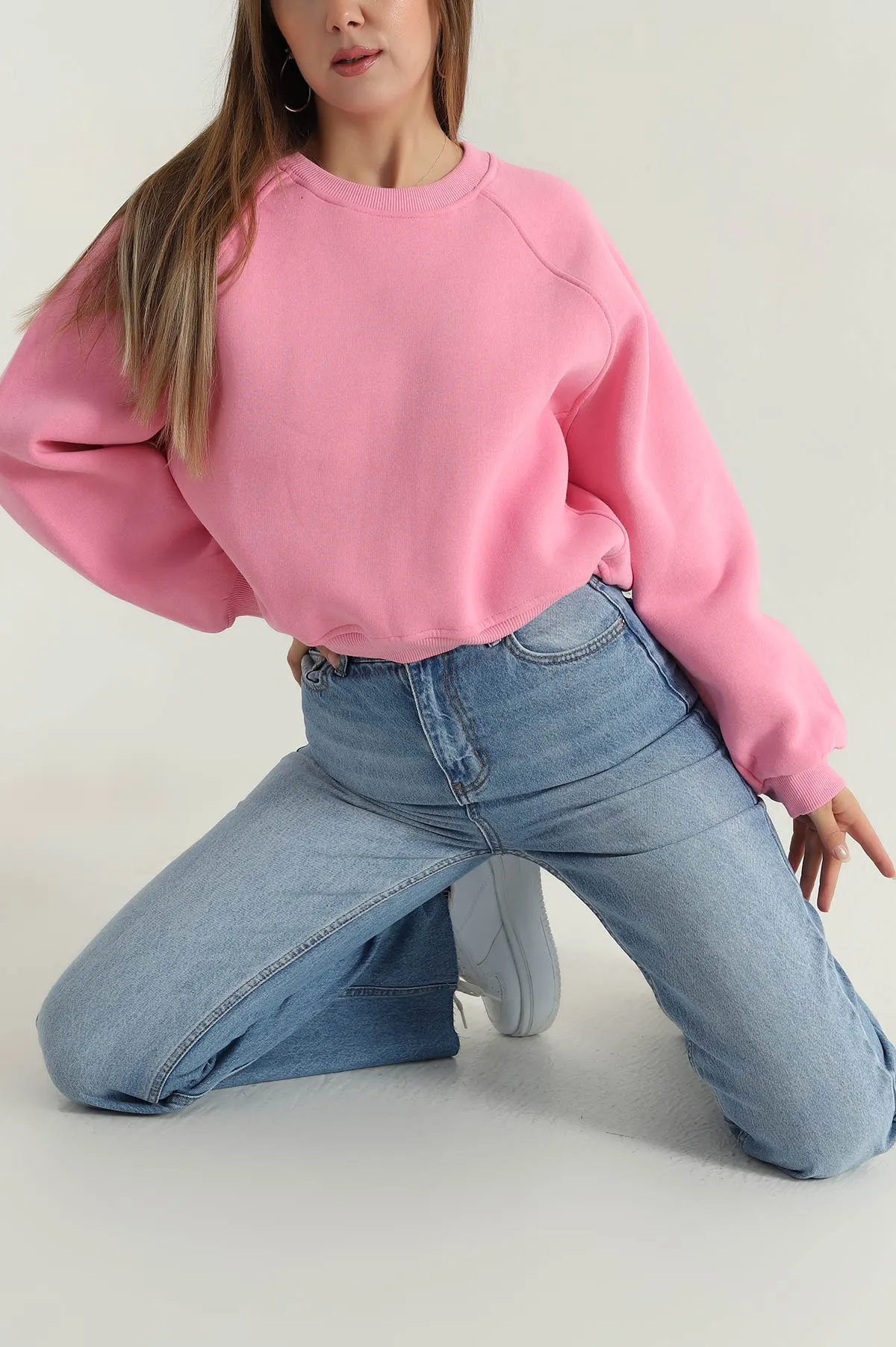 Pembe Şardonlu Kadın Fermuarsız Sweat 392392