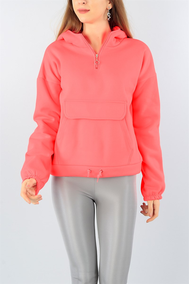 Neon Pembe Şardonlu Kanguru Cep Bayan Sweat 45738