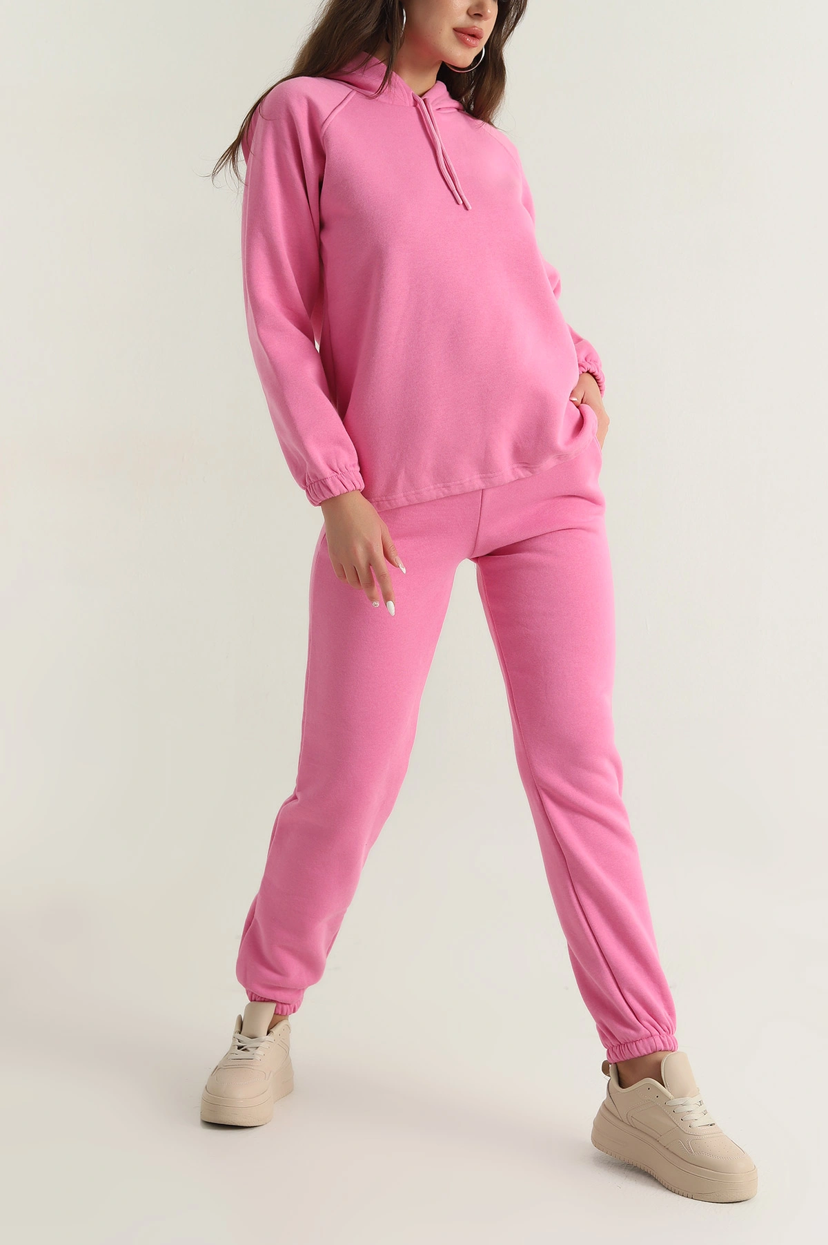 Pembe Şardonlu Kapşonlu Üç İp Kadın İkili Takım 397181