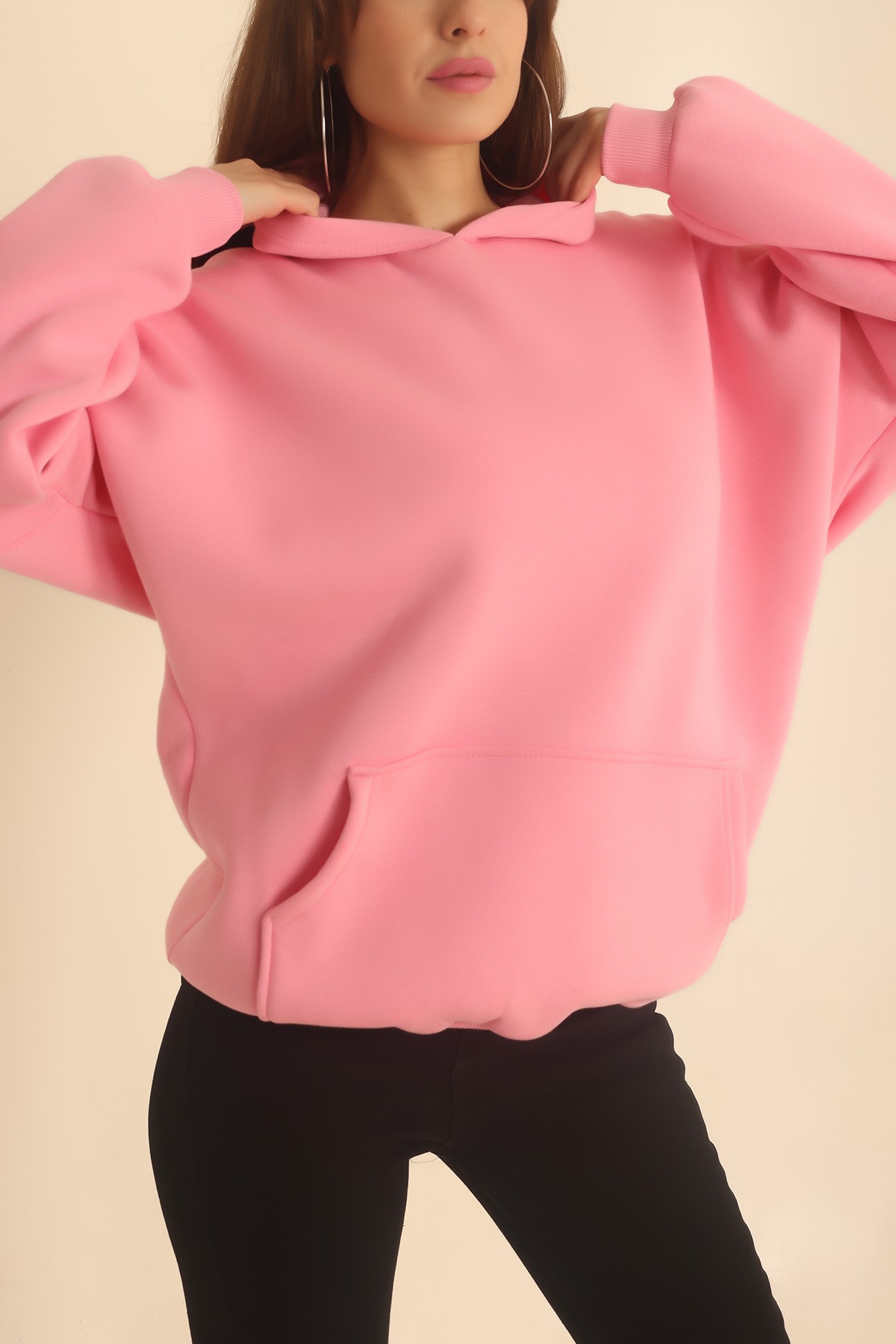 Pembe Şardonlu Kapüşonlu Bayan Sweat 217612