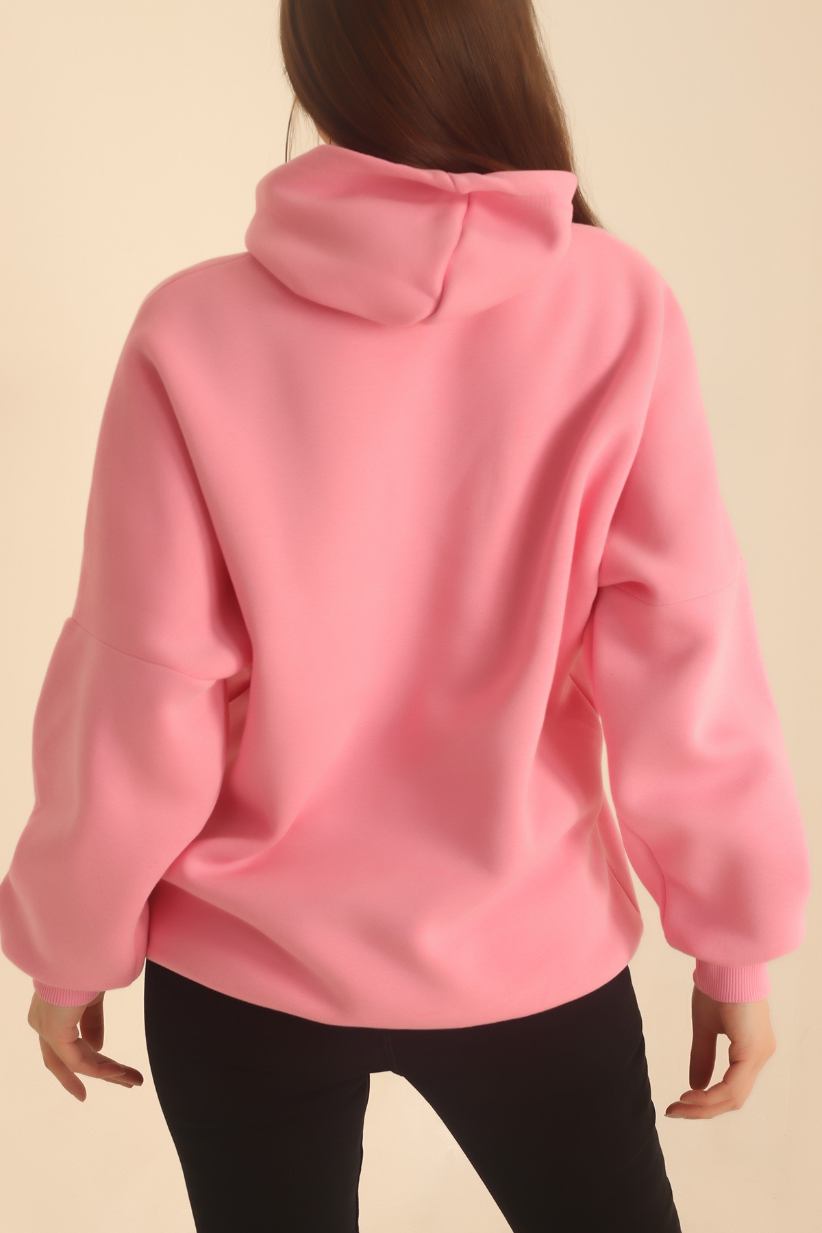 Pembe Şardonlu Kapüşonlu Bayan Sweat 217612