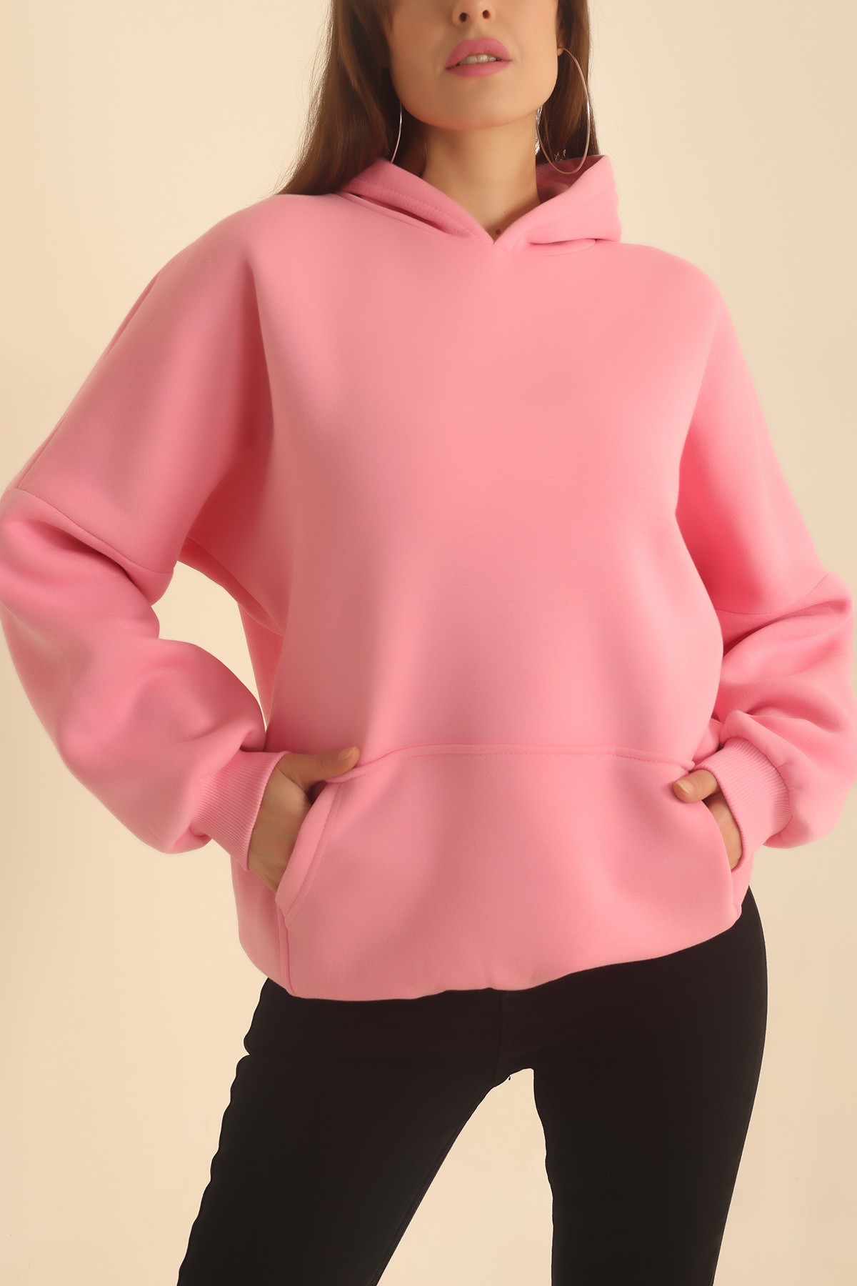Pembe Şardonlu Kapüşonlu Bayan Sweat 217612