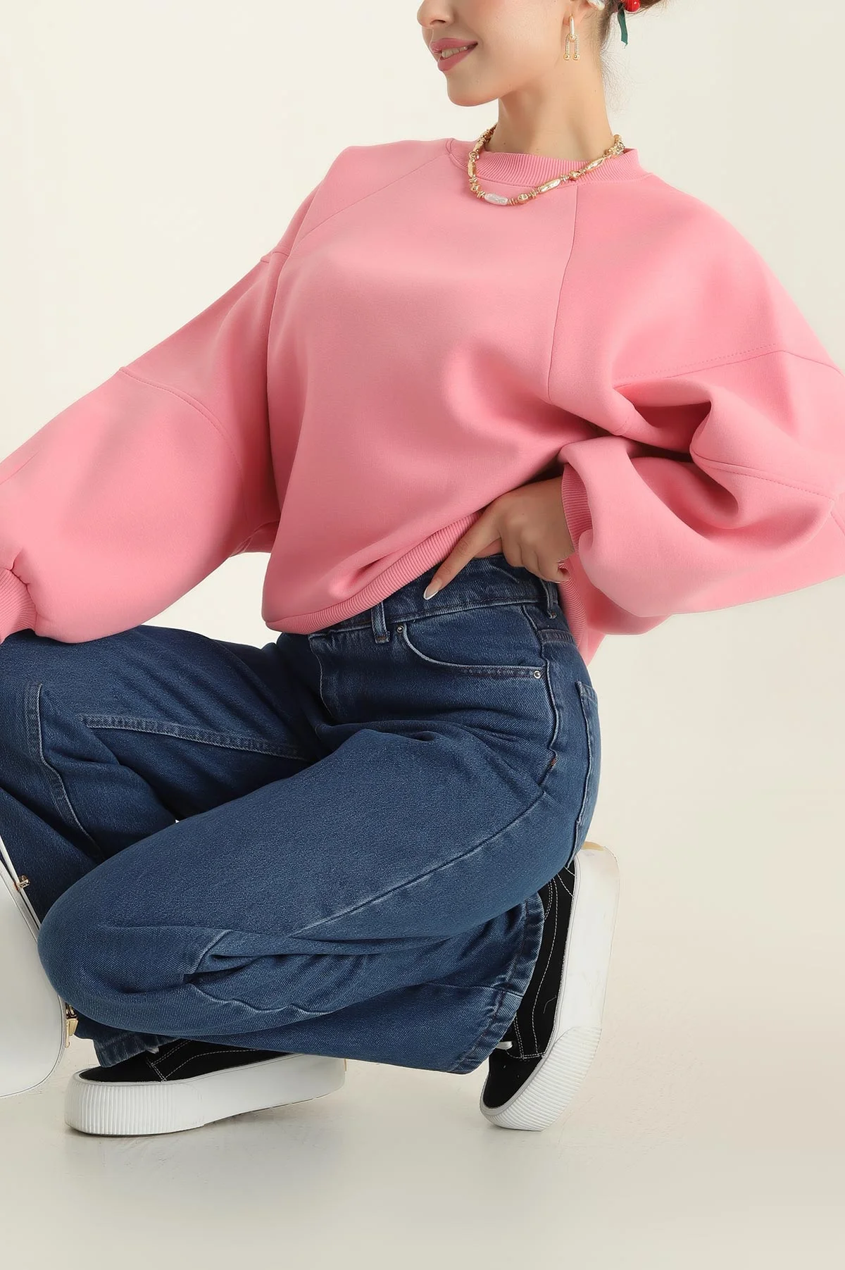 Pembe Şardonlu Reglan Kol Bayan Sweat 300674