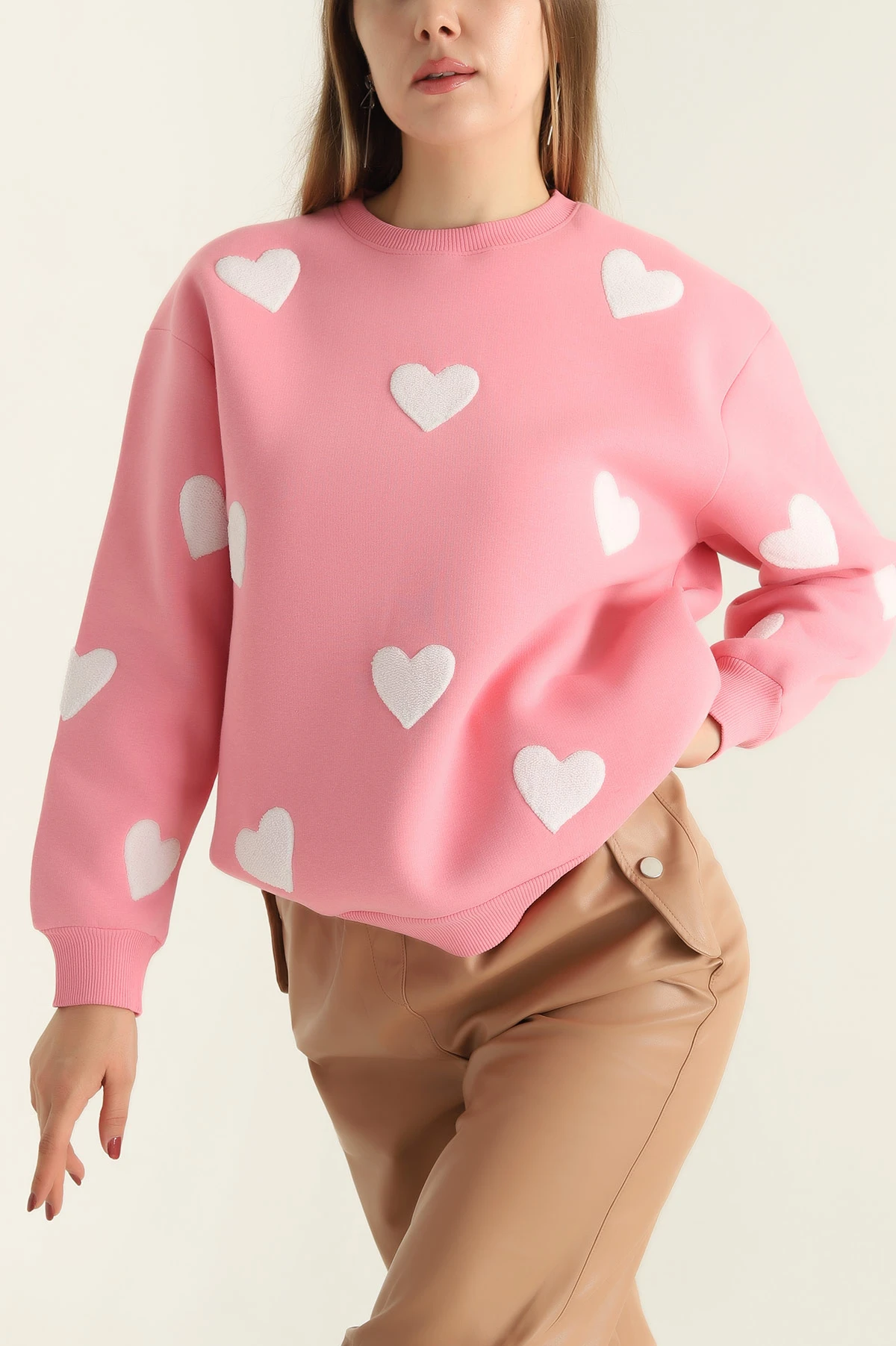 Pembe Şardonlu Süzene Nakışlı Bayan Sweat 300647