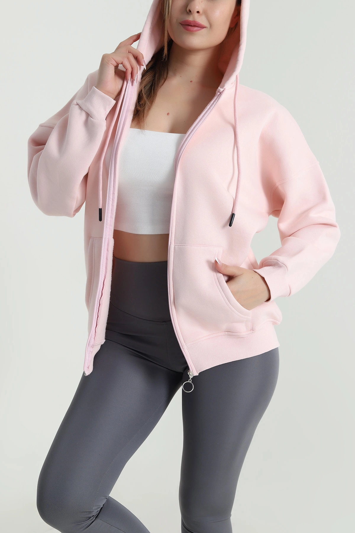 Pembe Şardonlu Üç İp Fermuarlı Kadın Sweat 484572