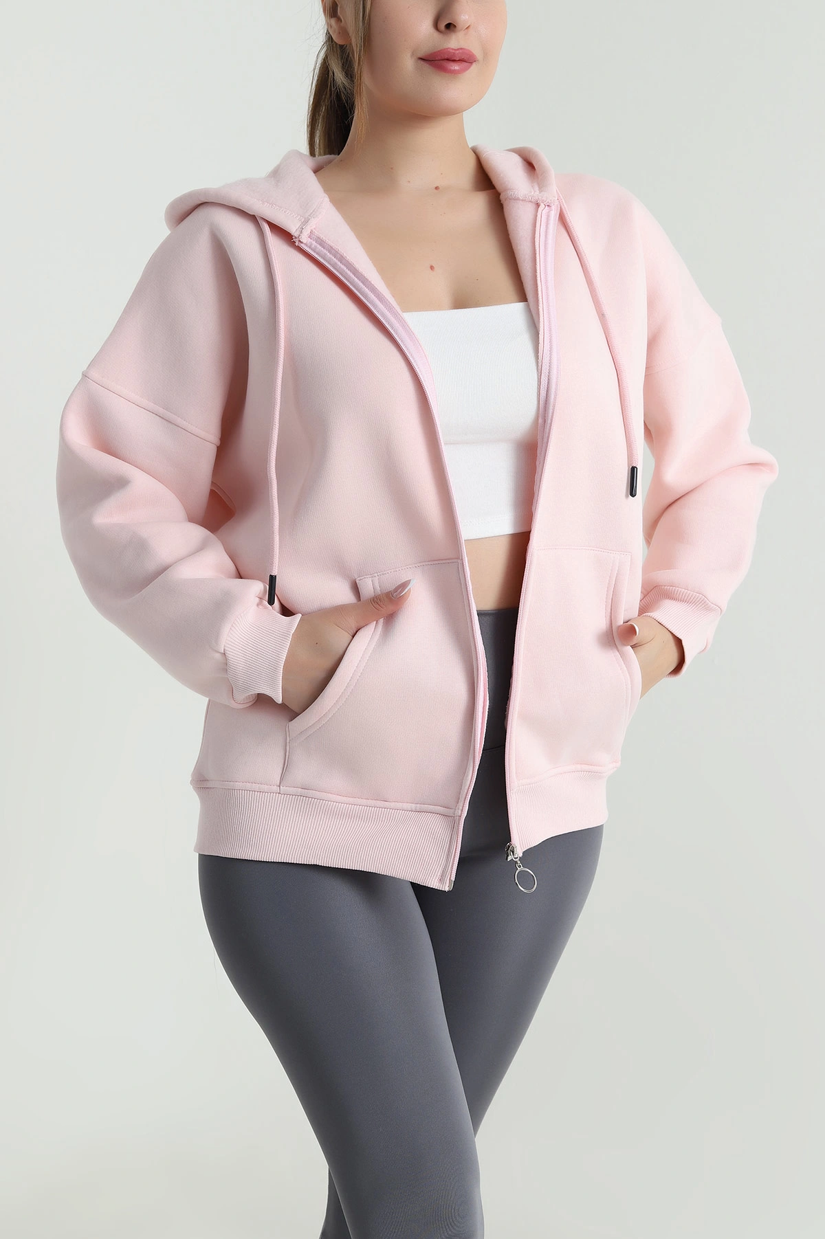 Pembe Şardonlu Üç İp Fermuarlı Kadın Sweat 484572