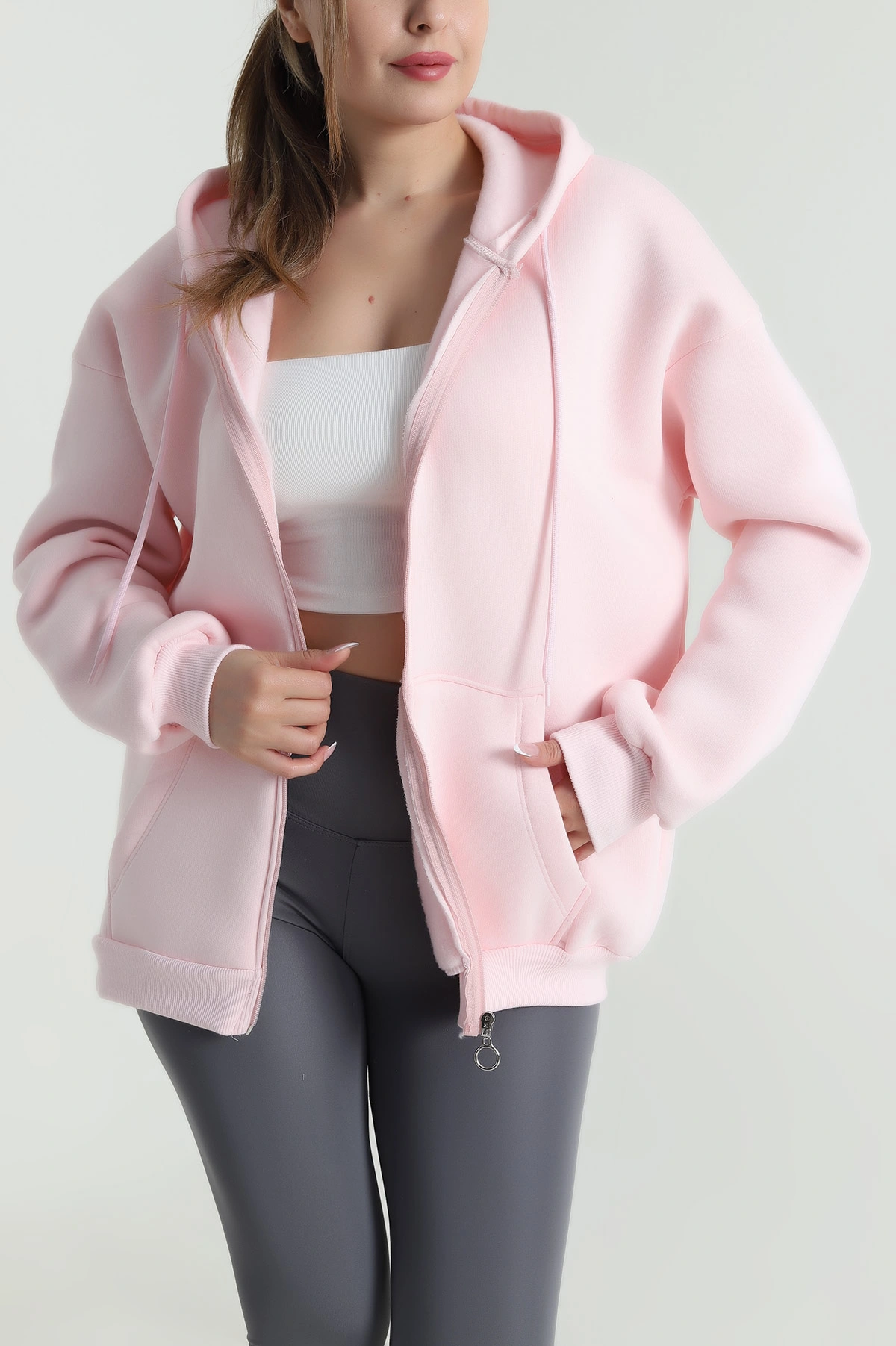Pembe Şardonlu Üç İp Fermuarlı Kadın Sweat 485283