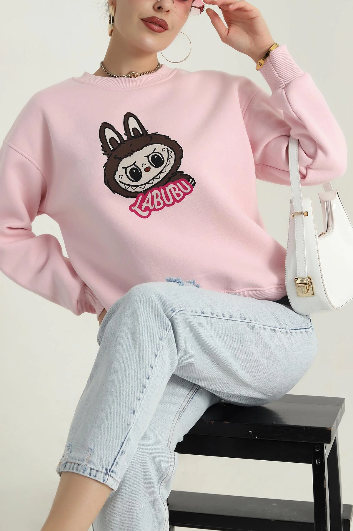 Pembe Şardonlu Üç İp Kadın Fermuarsız Sweat 389203