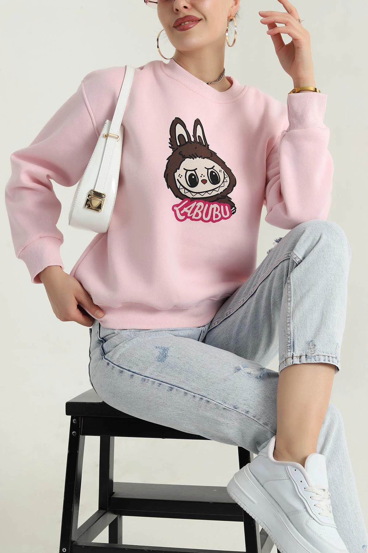 Pembe Şardonlu Üç İp Kadın Fermuarsız Sweat 389203