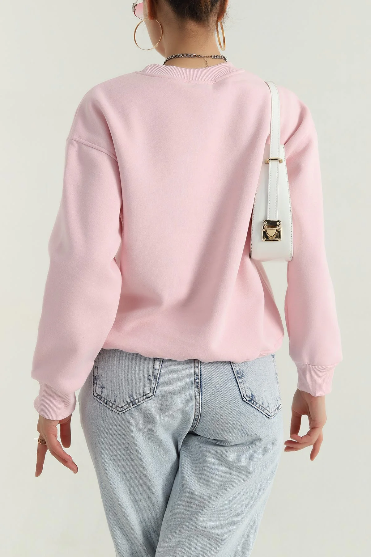 Pembe Şardonlu Üç İp Kadın Fermuarsız Sweat 389203