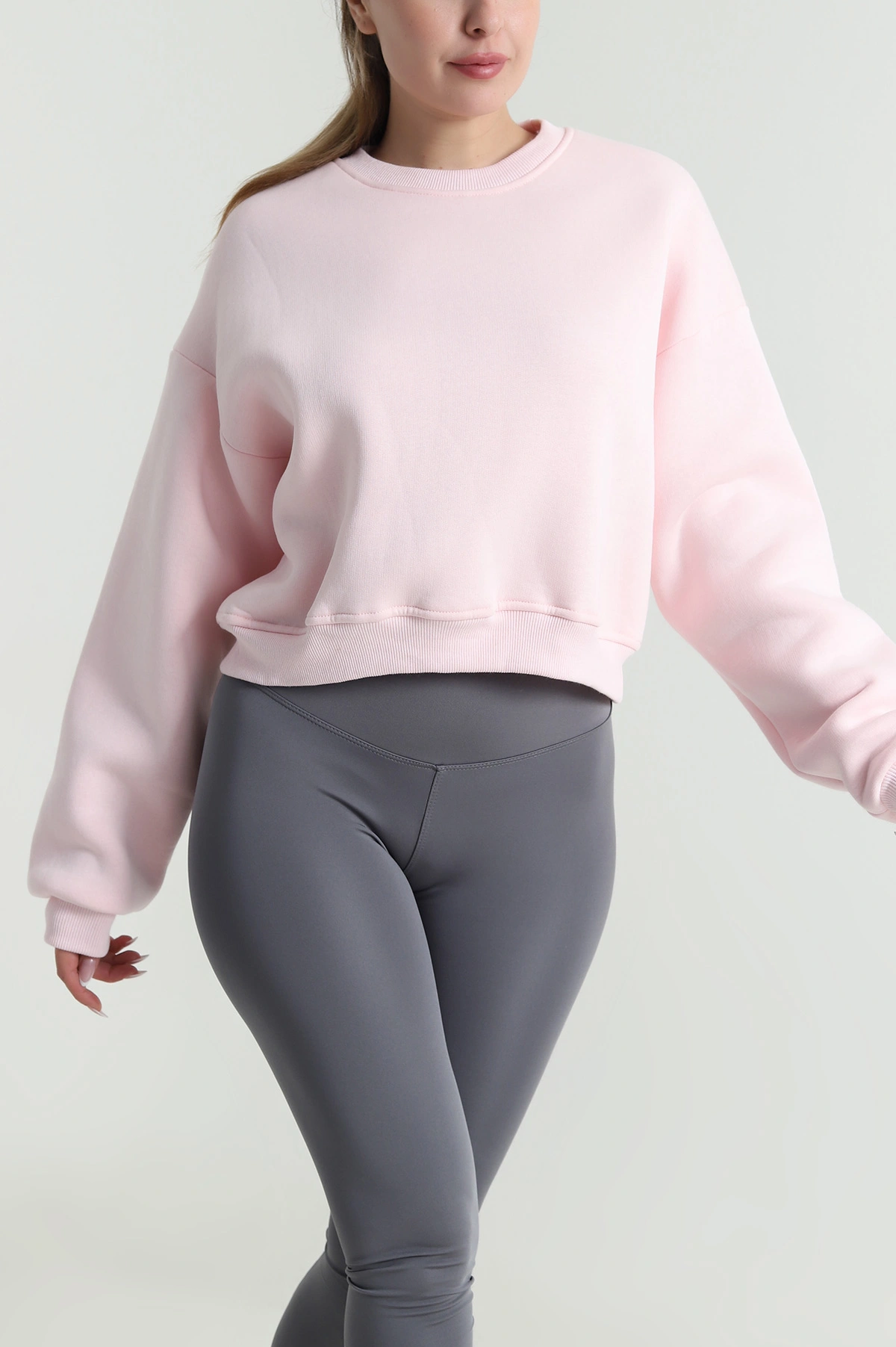 Pembe Şardonlu Üç İp Kadın Fermuarsız Sweat 485238