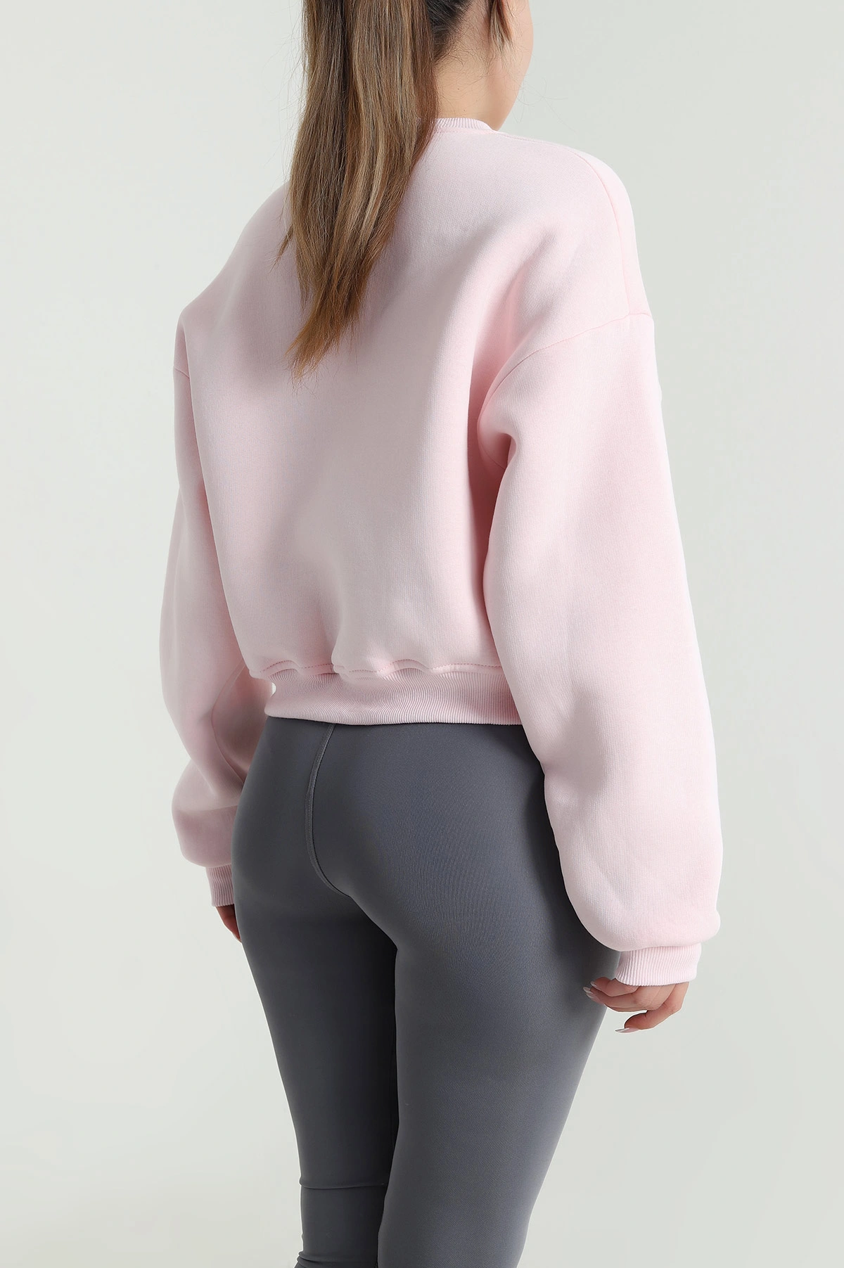 Pembe Şardonlu Üç İp Kadın Fermuarsız Sweat 485238