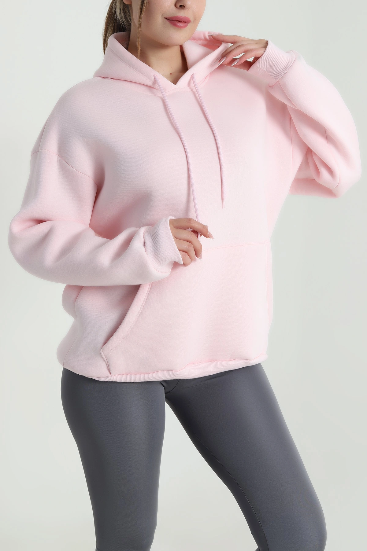 Pembe Şardonlu Üç İp Kadın Fermuarsız Sweat 485257