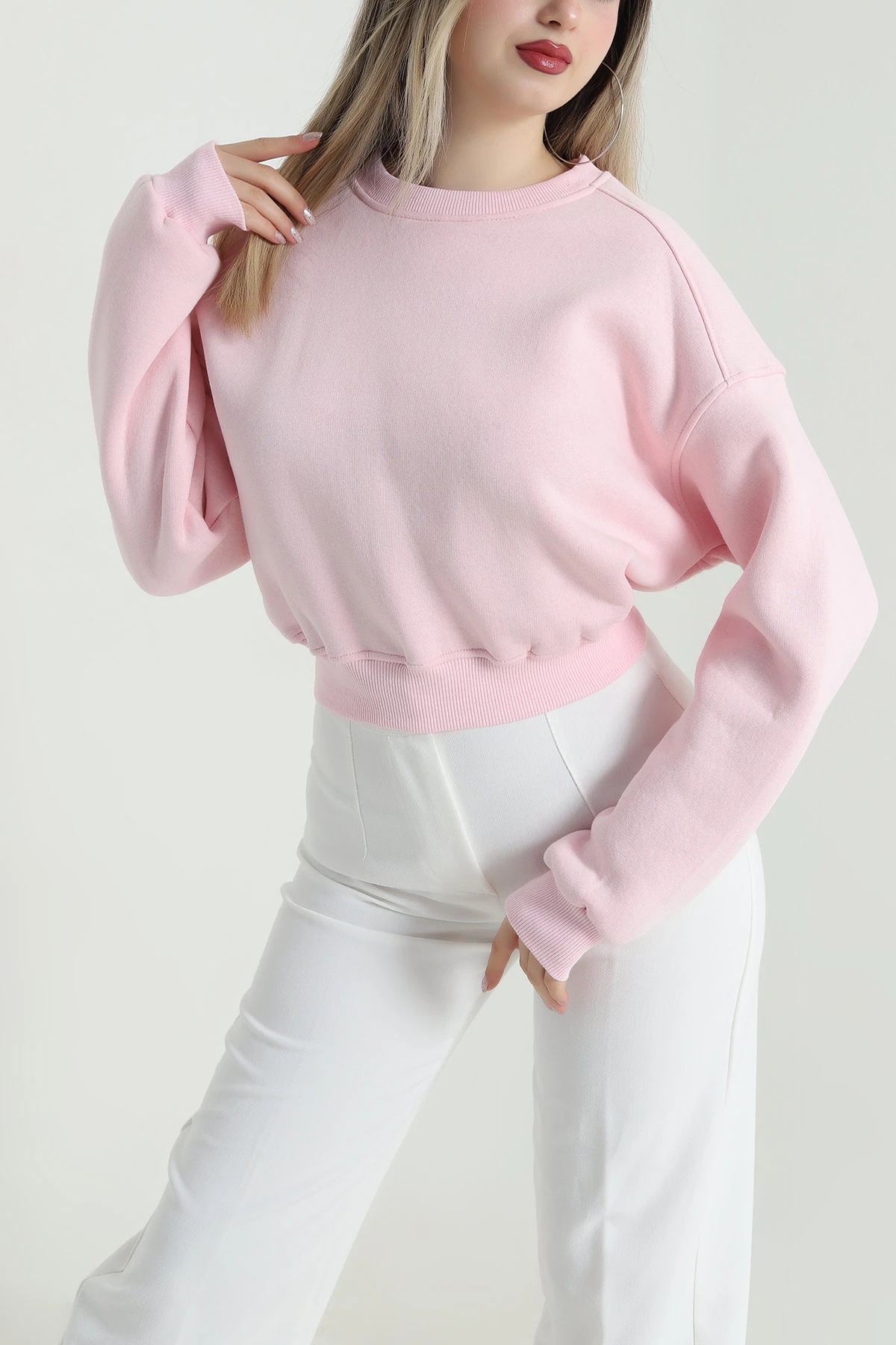 Pembe Şardonlu Üç İp Kadın Fermuarsız Sweat 489840