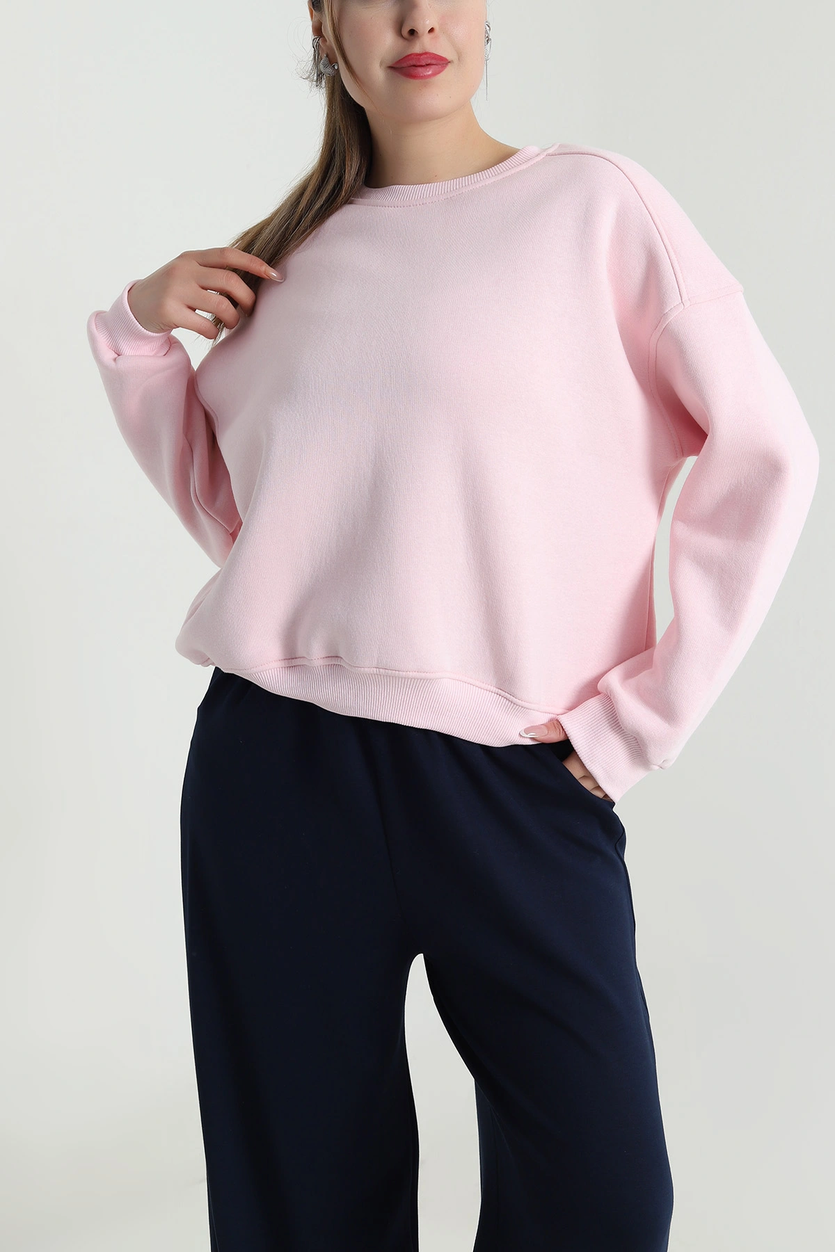 Pembe Şardonlu Üç İp Kadın Fermuarsız Sweat 489969