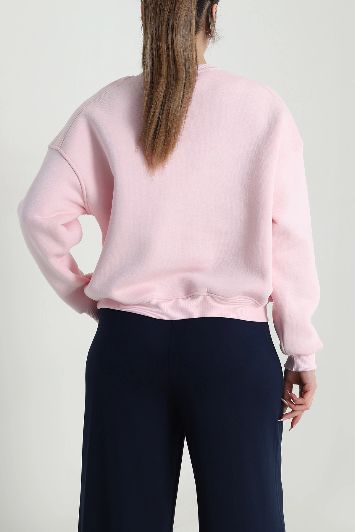Pembe Şardonlu Üç İp Kadın Fermuarsız Sweat 489969