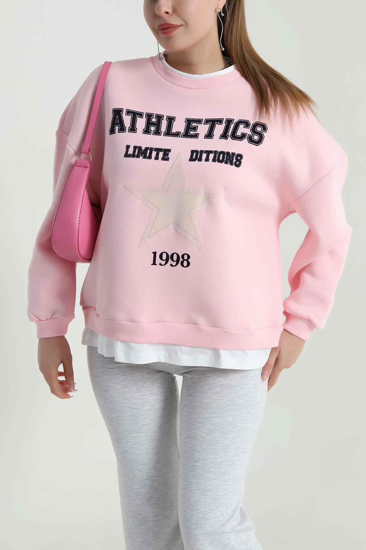 Pembe Şardonlu Üç İp Kadın Fermuarsız Sweat 490572
