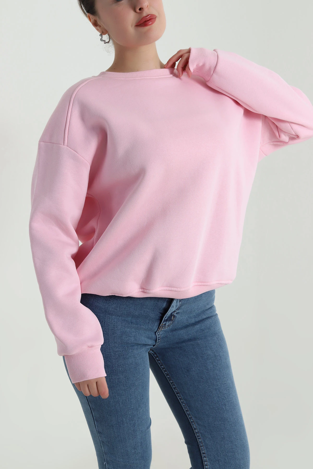 Pembe Şardonlu Üç İp Kadın Fermuarsız Sweat 498015