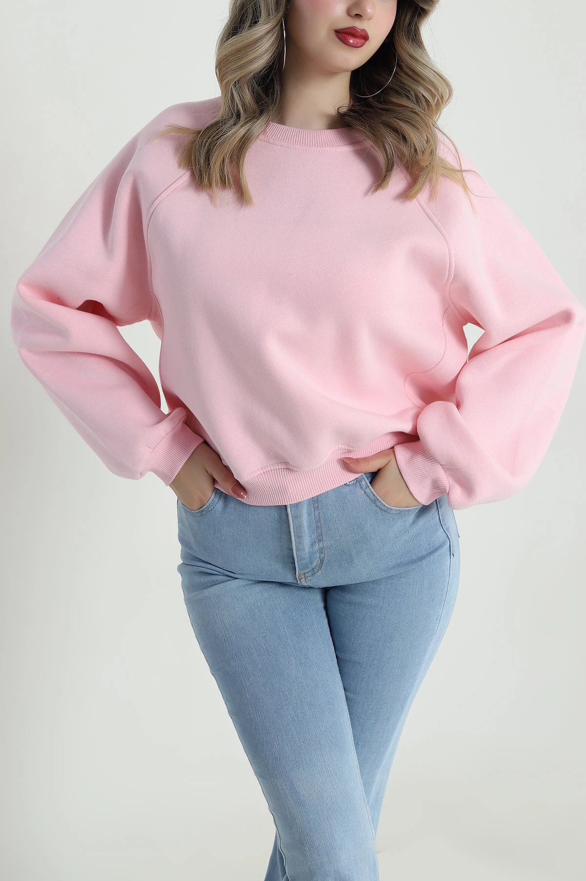 Pembe Şardonlu Üç İp Kadın Sweat 487109