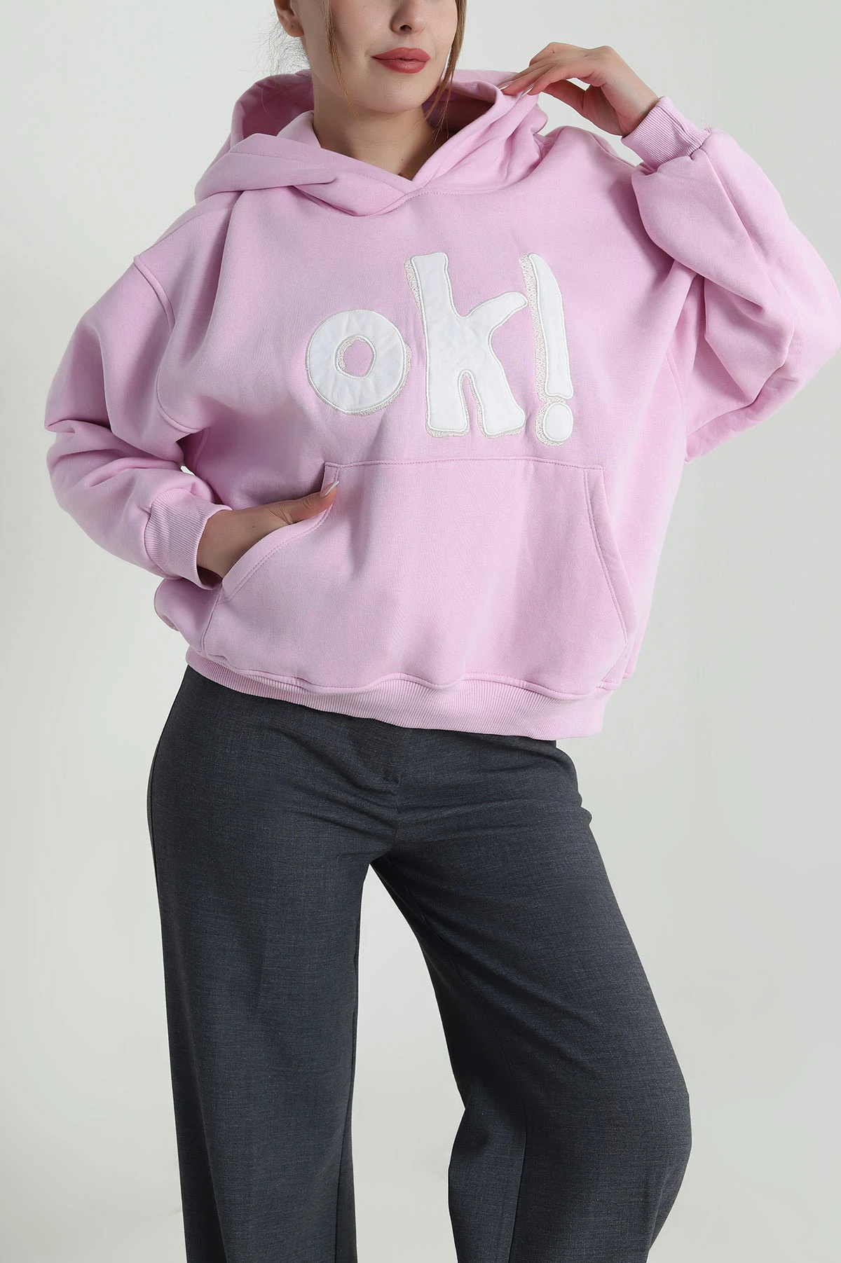 Pembe Şardonlu Üç İp Nakışlı Kadın Sweat 486718