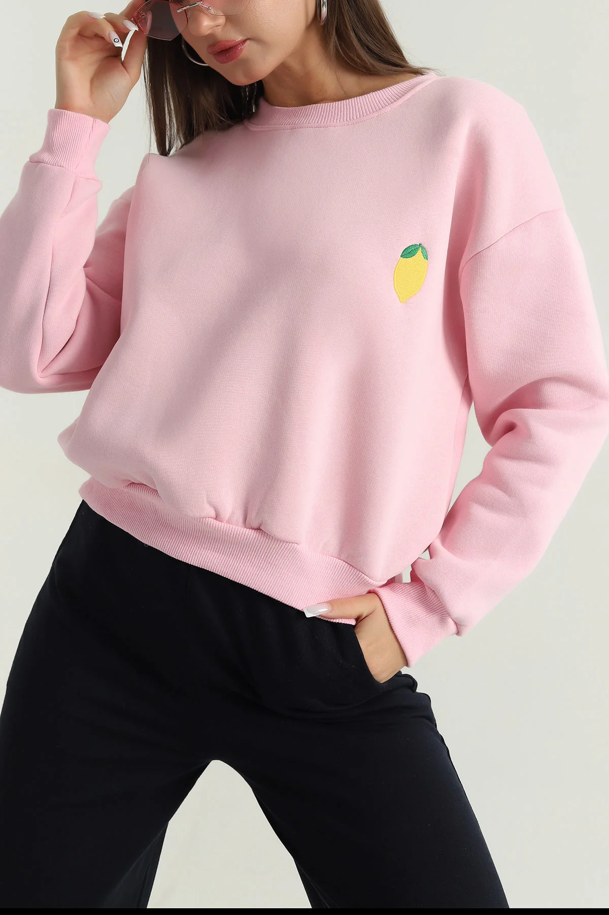 Pembe Şardonlu Üç İplik Kadın Sweat 387827