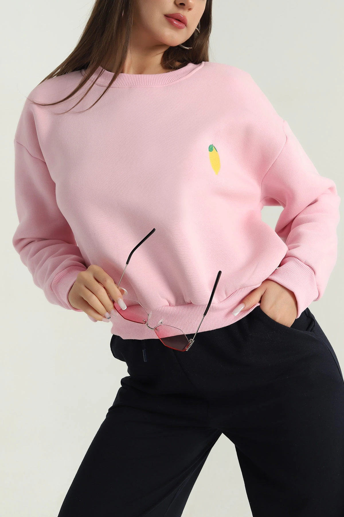 Pembe Şardonlu Üç İplik Kadın Sweat 387827