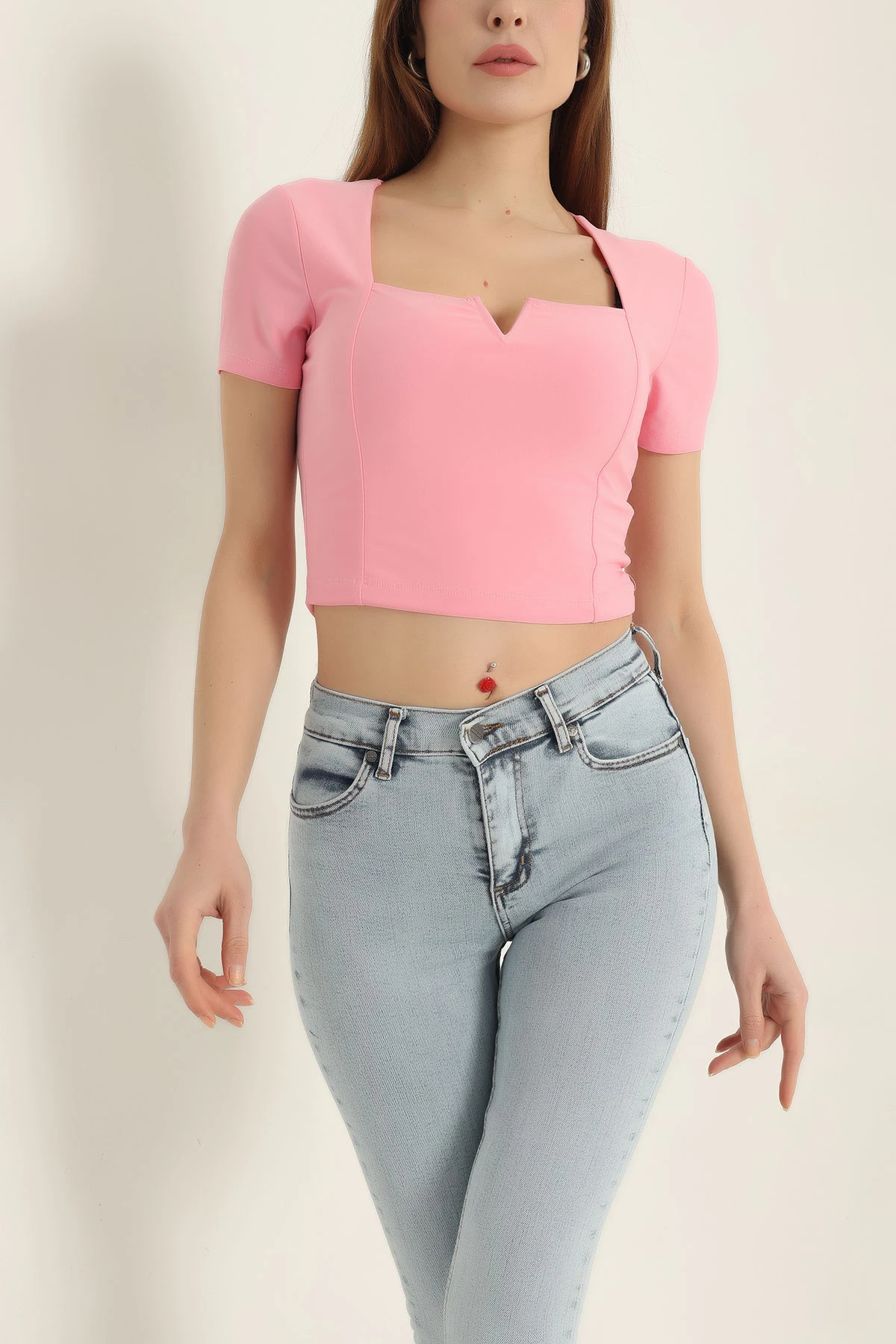 Pembe Sendy Kumaş Crop Bluz 337563