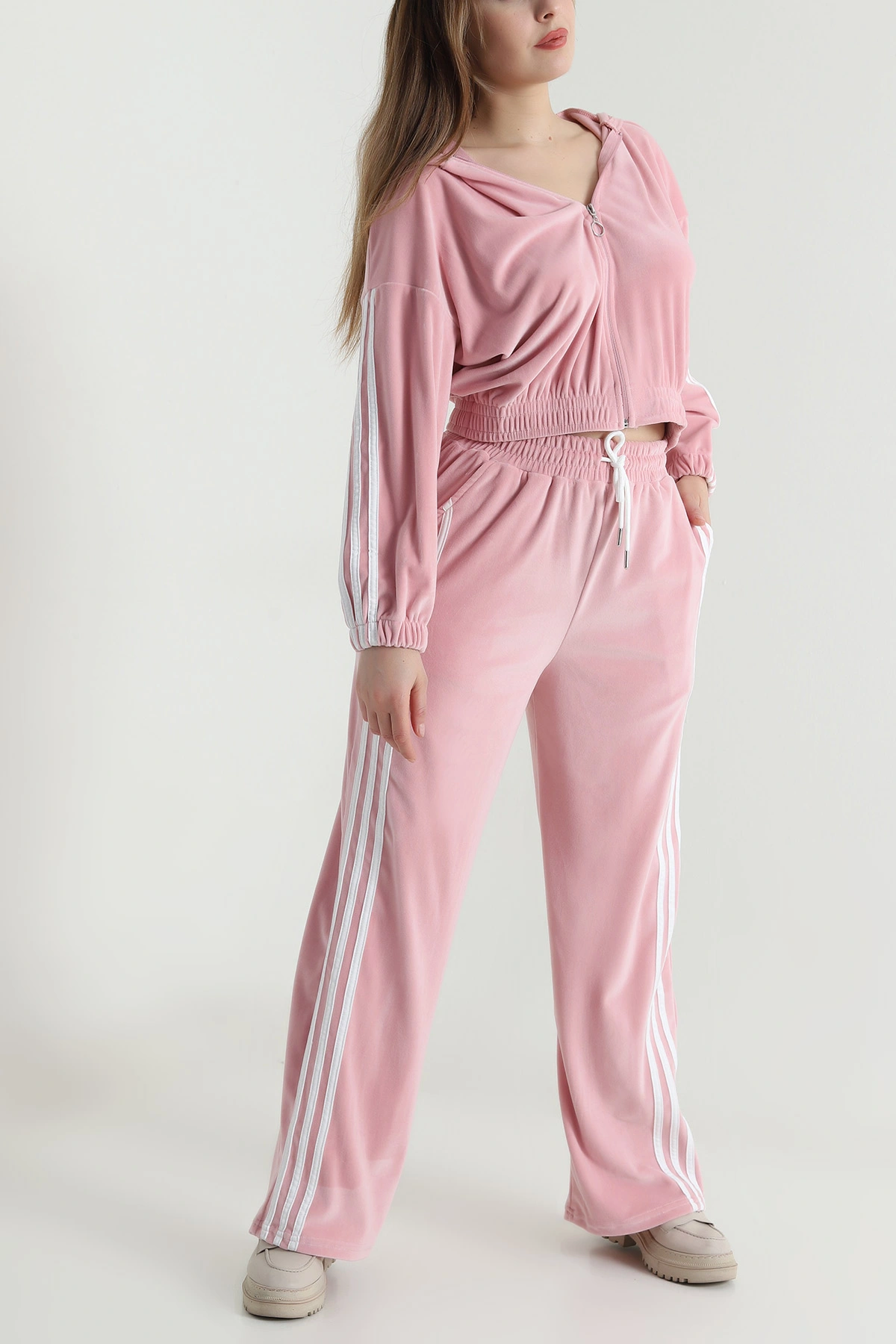 Pembe Şerit Detay Kadife Kadın İkili Takım 494627