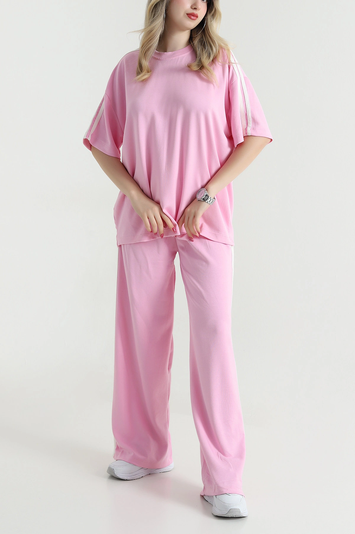 Pembe Şeritli Likralı Modal Kadın İkili Takım 475413