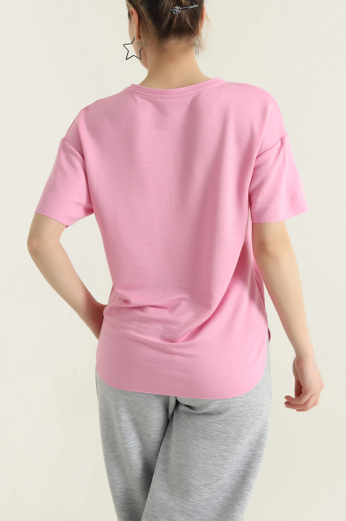 Pembe Serpme Taşlı Kadın Tişört 435032