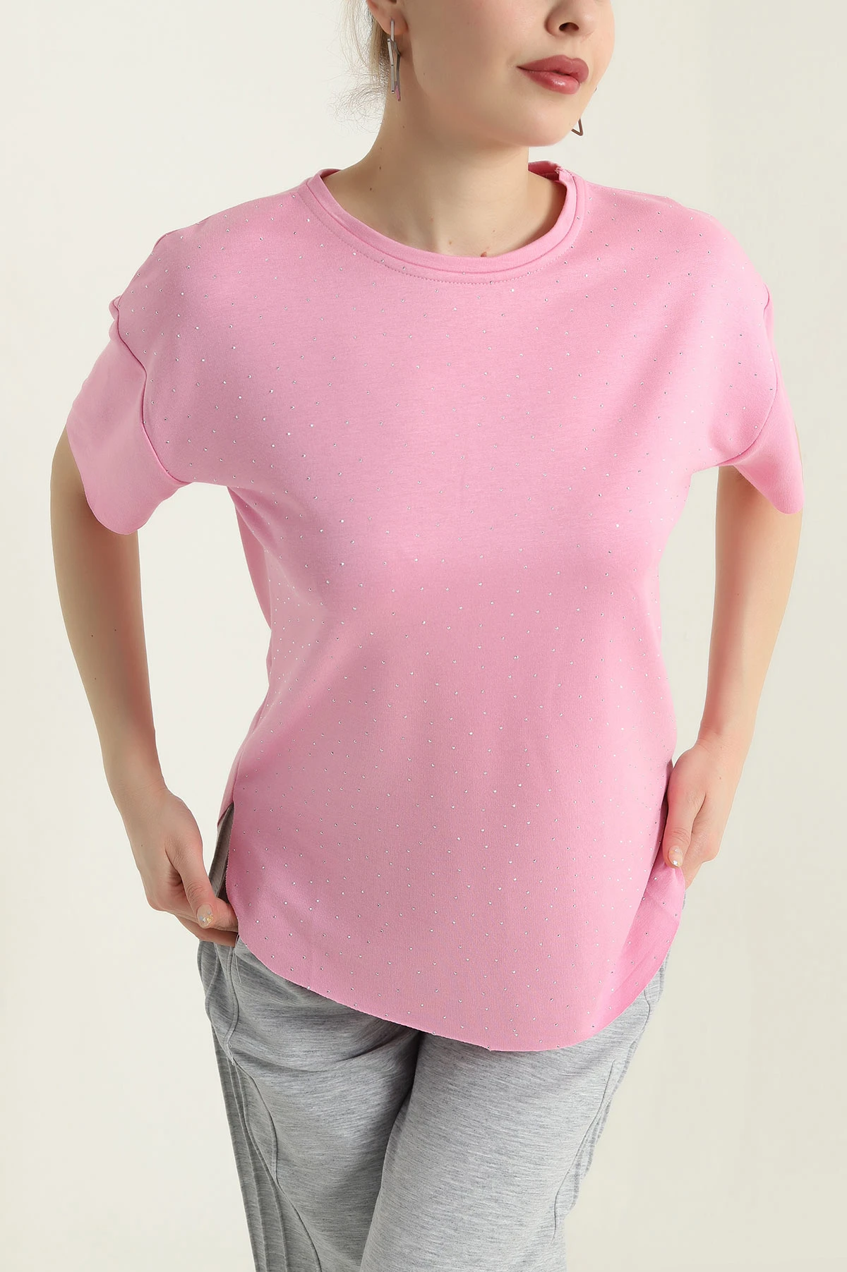 Pembe Serpme Taşlı Kadın Tişört 435032