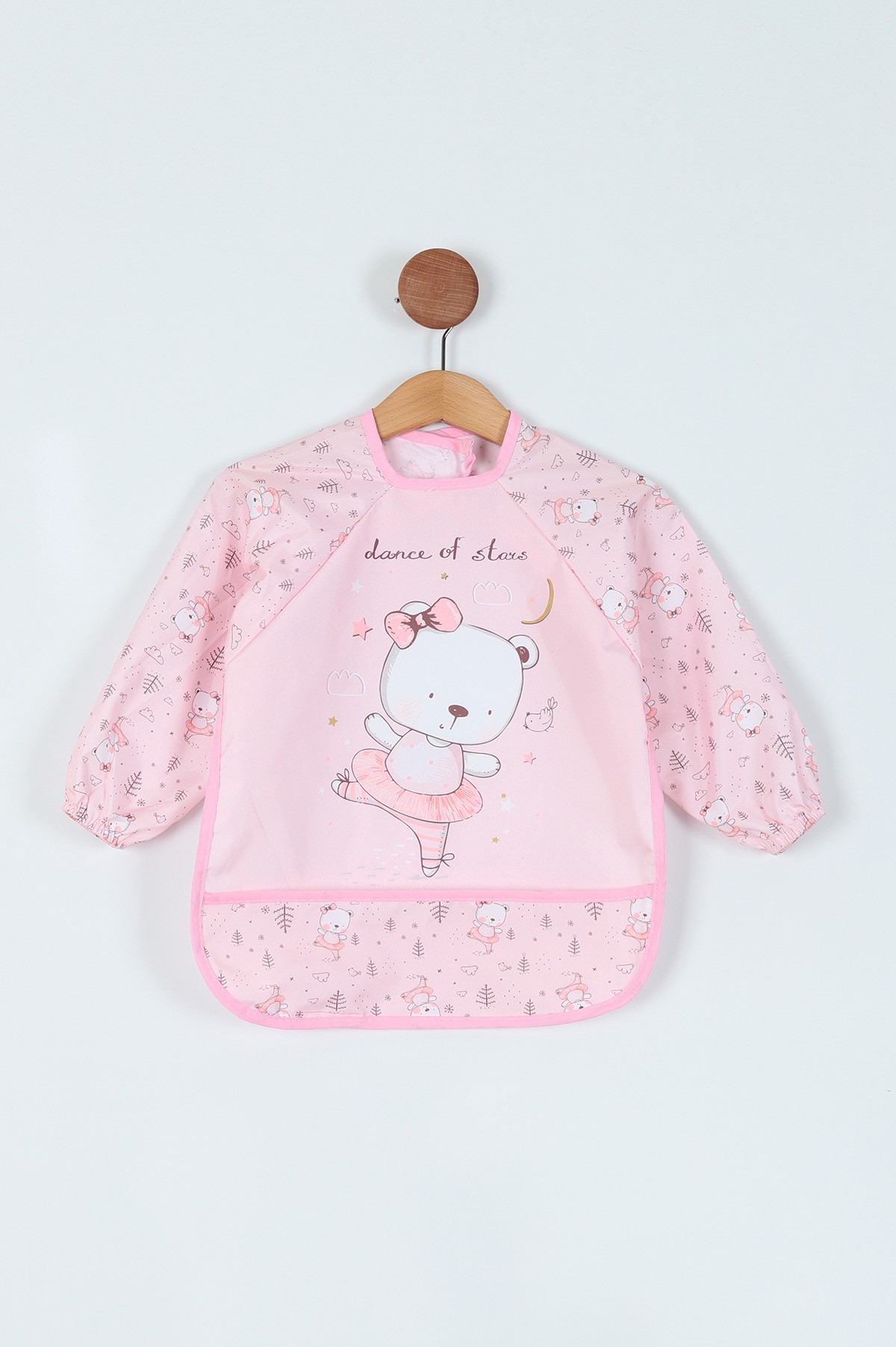 Pembe Sevimli Ayı Desenli Kollu Cep Detaylı Bebe Önlük 214809