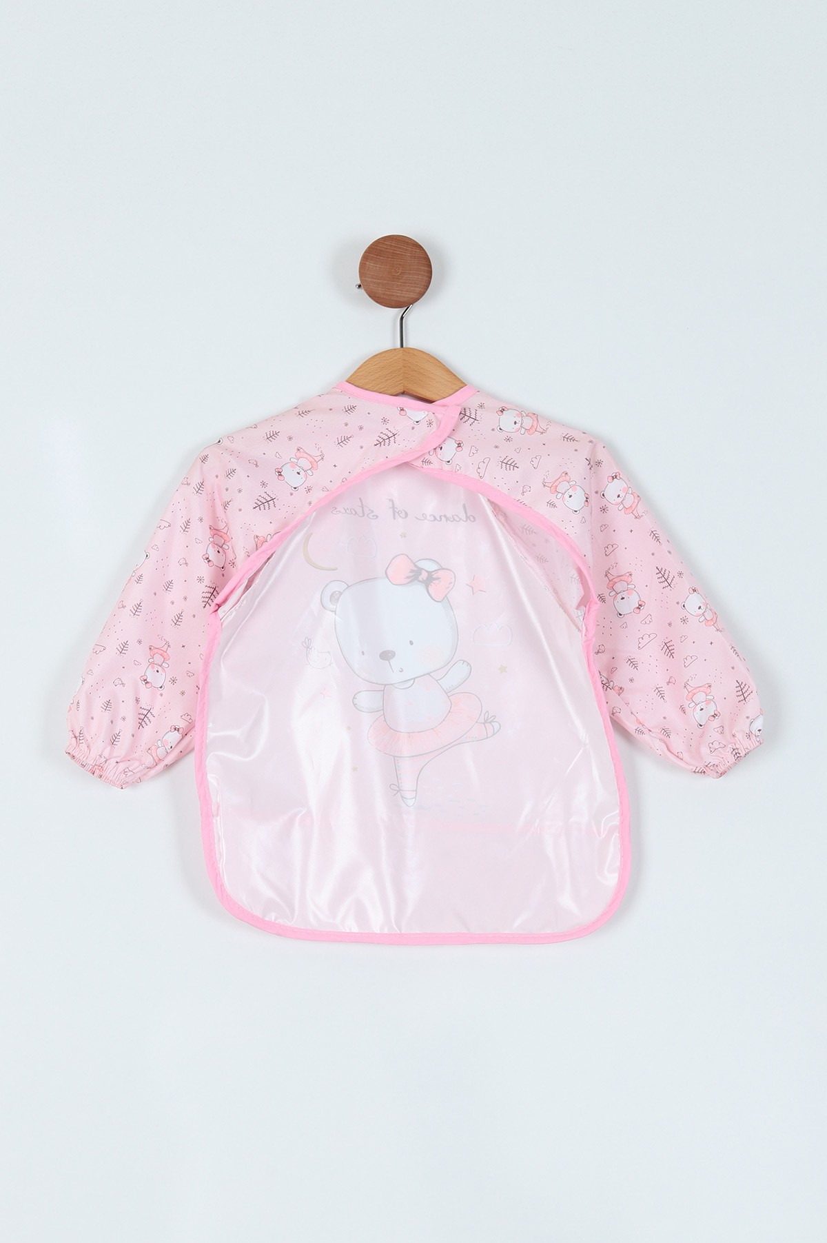Pembe Sevimli Ayı Desenli Kollu Cep Detaylı Bebe Önlük 214809