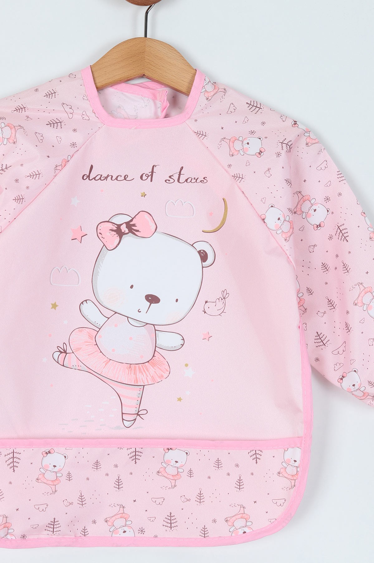 Pembe Sevimli Ayı Desenli Kollu Cep Detaylı Bebe Önlük 214809
