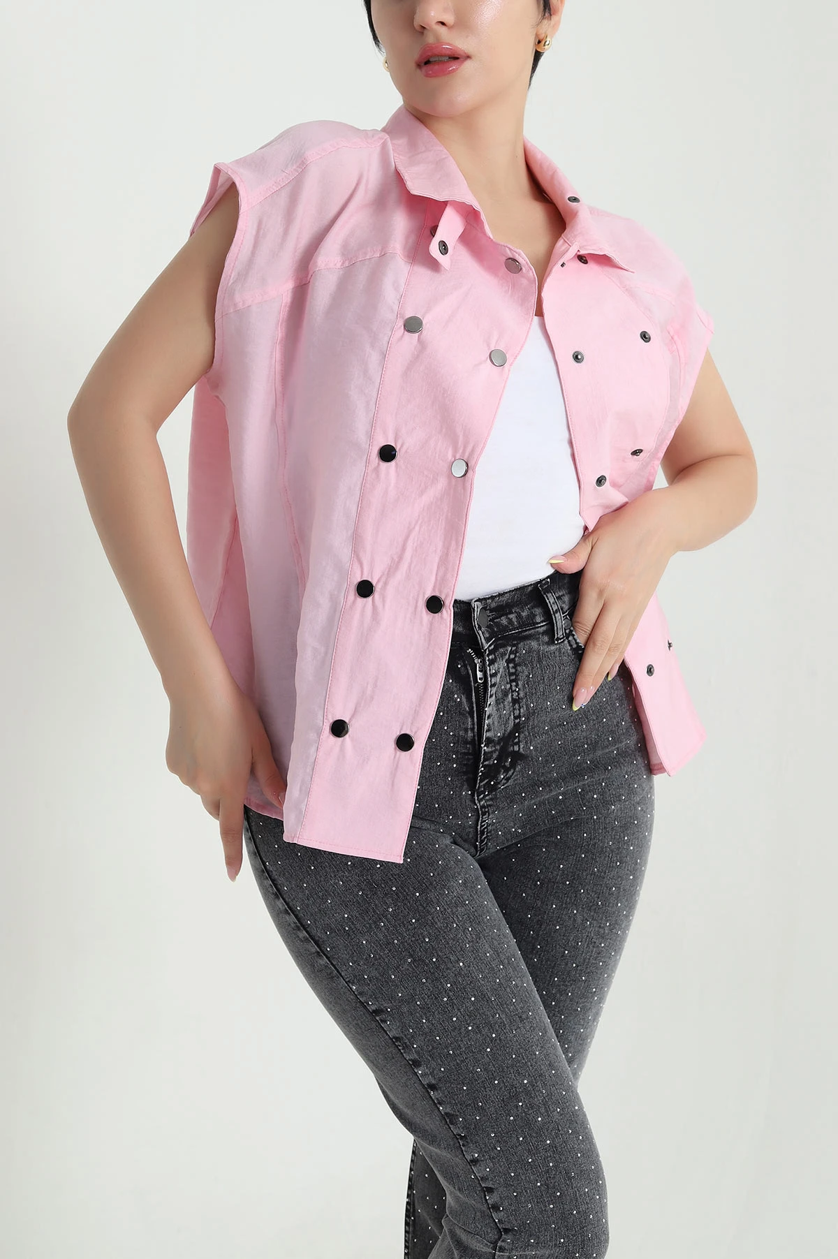 Pembe Sıfır Kol Dik Yaka Modal Diagonel Kadın Gömlek 468715