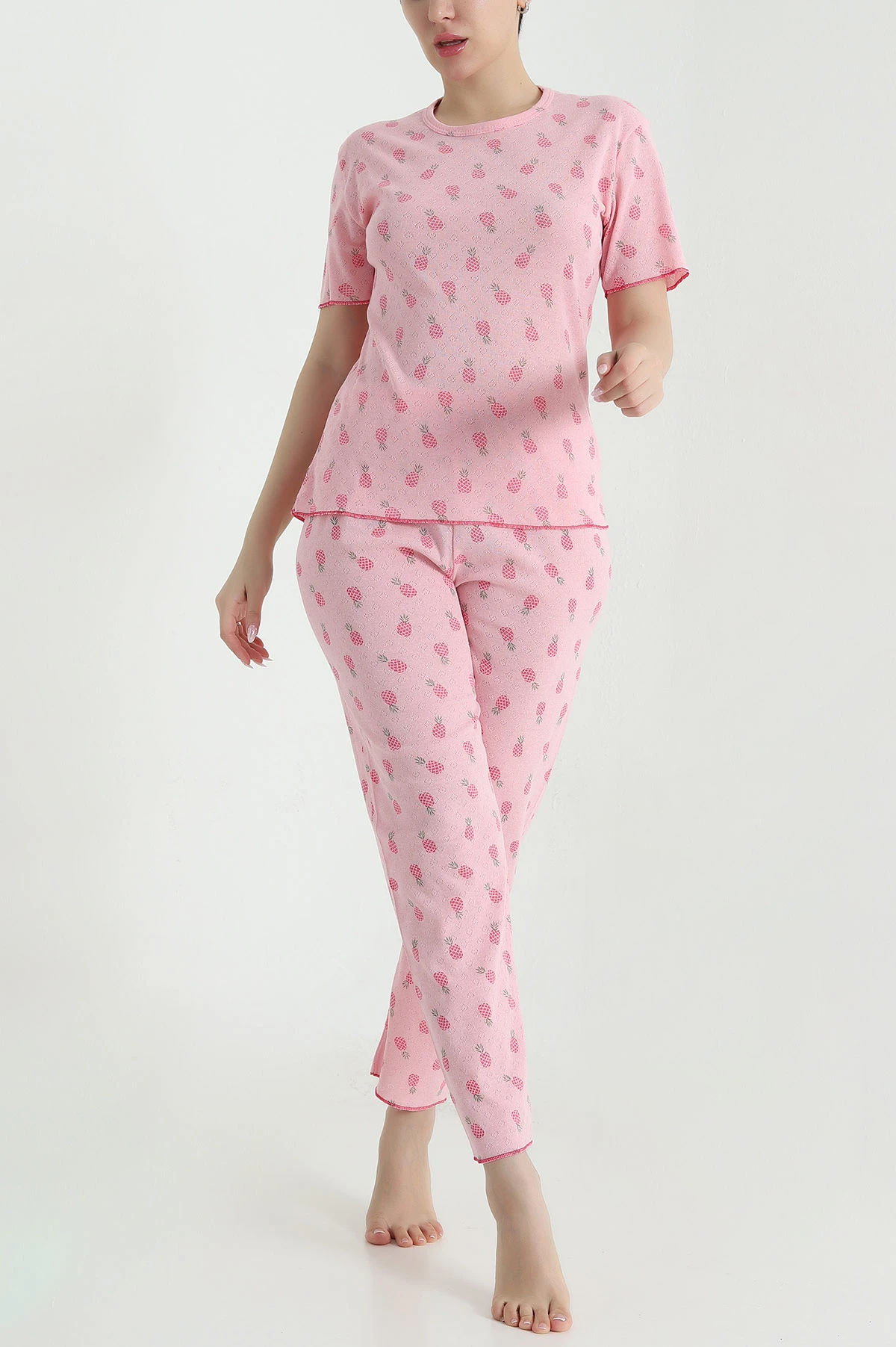 Pembe Sıfır Yaka Pointel Kadın Pijama Takımı 461852