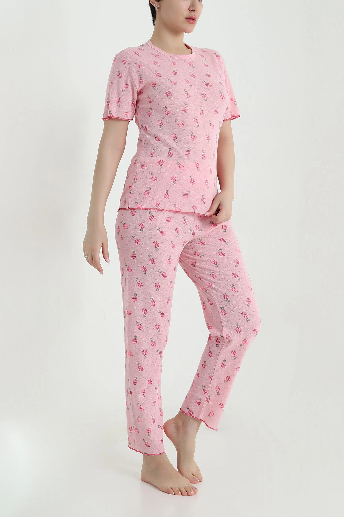 Pembe Sıfır Yaka Pointel Kadın Pijama Takımı 461852