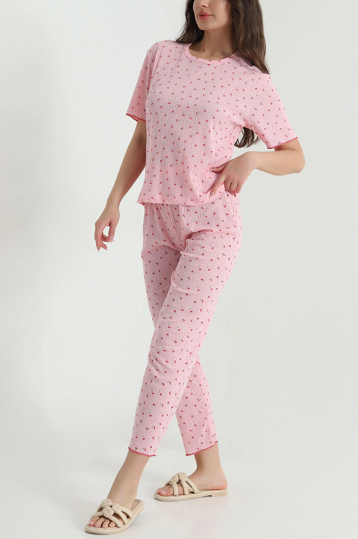Pembe Sıfır Yaka Pointel Kadın Pijama Takımı 461856