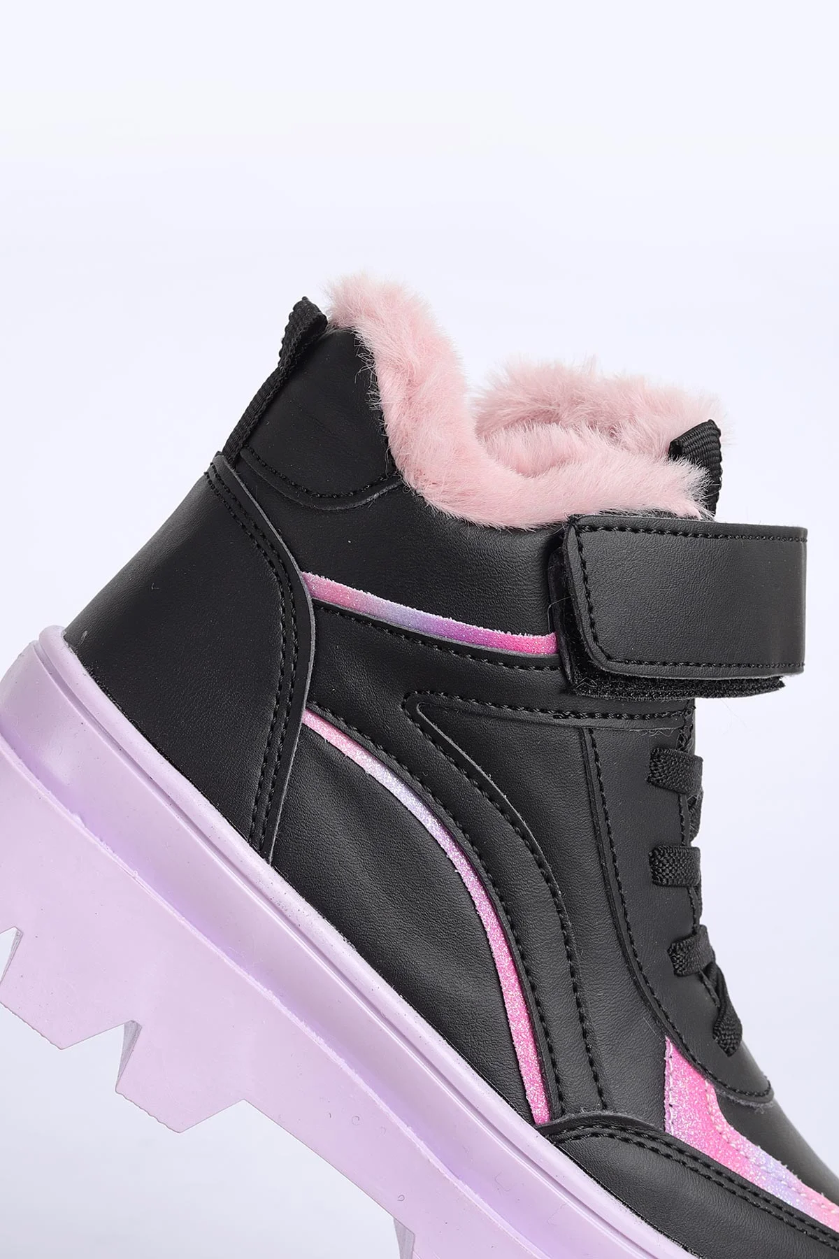 Pembe Siyah (31-35 Filet)Cırtlı Bağcıklı İçi Kürklü Bilek Kız Çocuk Bot 316453