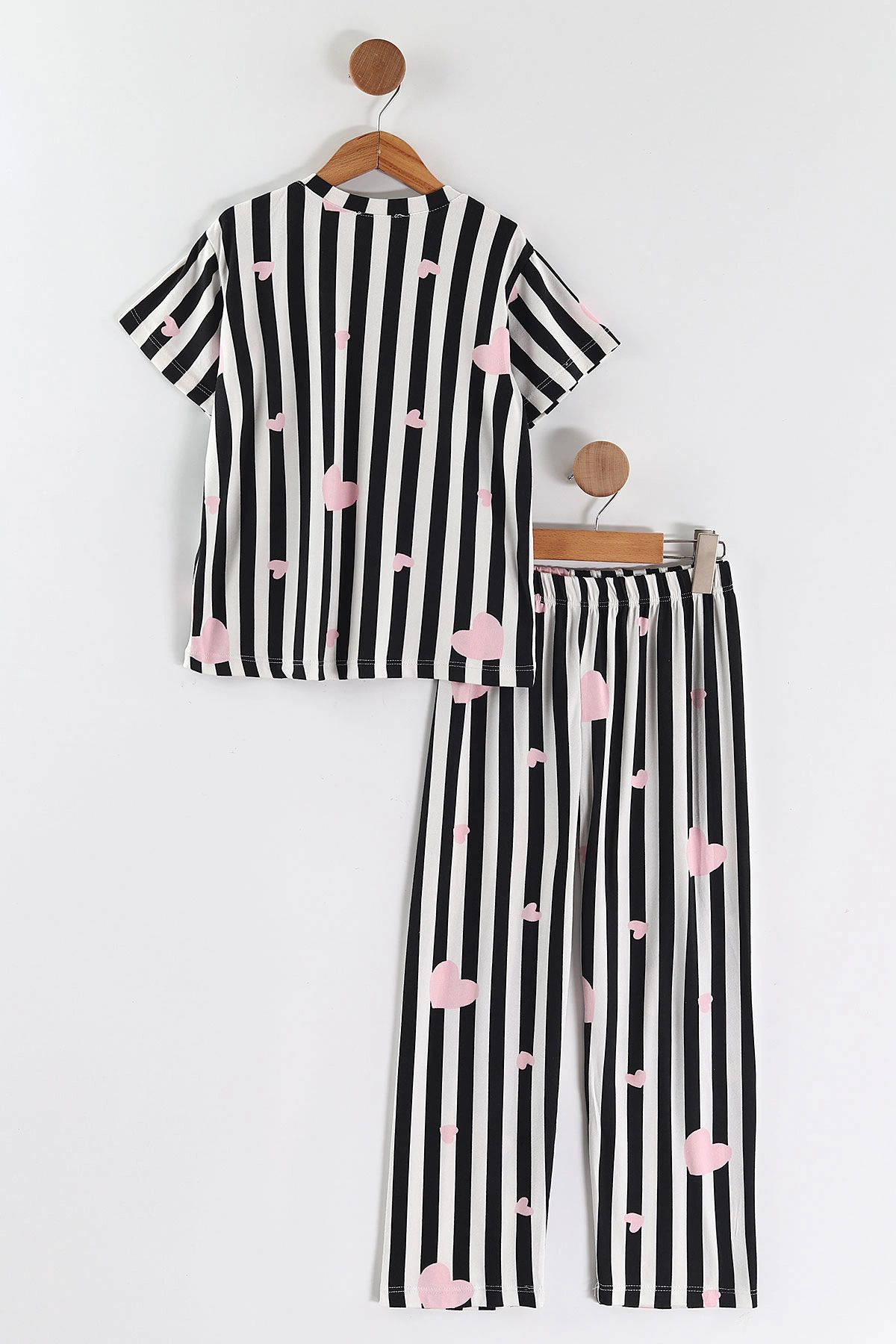 Pembe Siyah  (4-16 Yaş)Çizgili Kalp Desenli Kız Çocuk Pijama Takım 466326