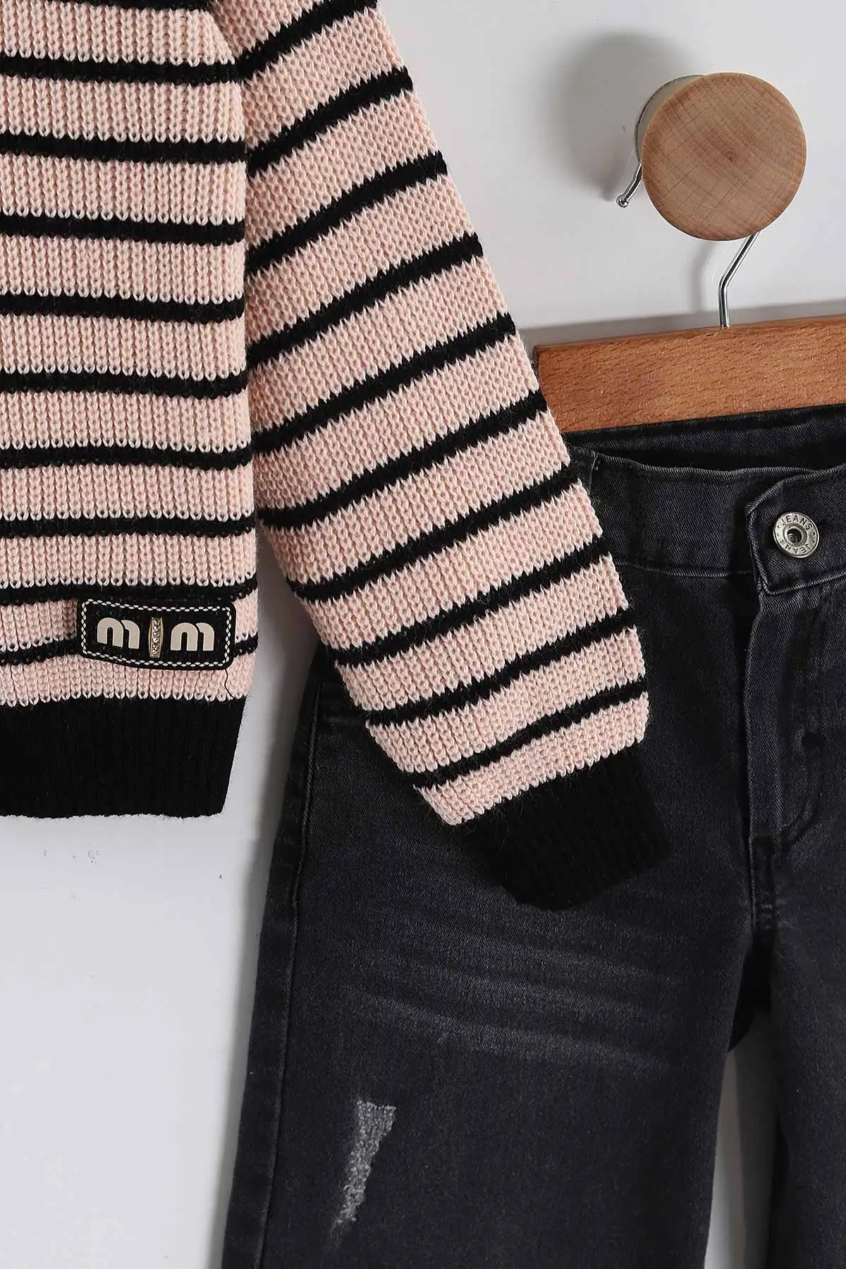 Pembe Siyah (5-9 Yaş) Triko Çizgili Hırkalı Kot Pantolonlu Kız Çocuk 3'lü Takım 443798
