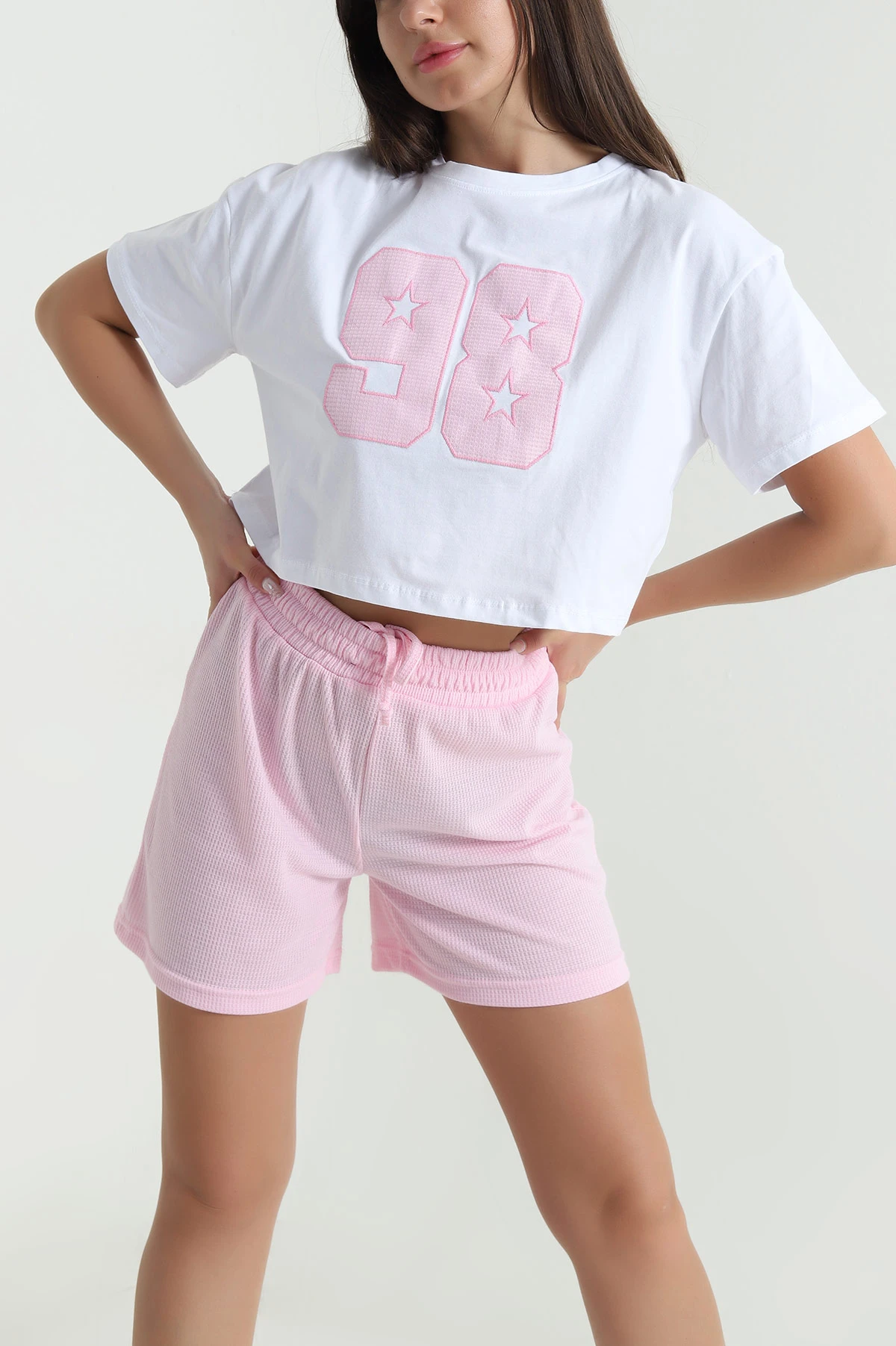 Pembe Şortlu Waffle Kadın İkili Takım 469405
