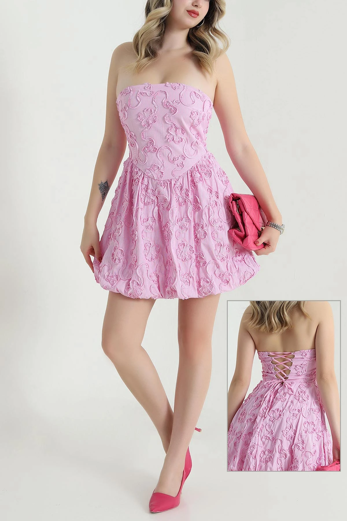 Pembe Straplez Balon Kol Poplin Kadın Elbise 471970